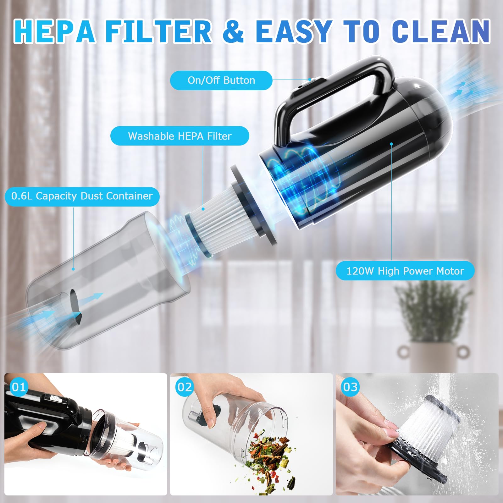 Cordless Handheld Vacuum 12000PA - 3-in-1 Car & Home Cleaner for Carpet, Keyboard