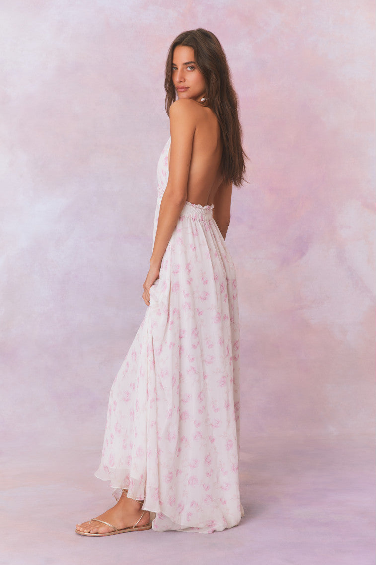 Love Fragrance Women's Halter Maxi Dress - Floral Print Summer Beach Dress for Vacation, Party & Date Night