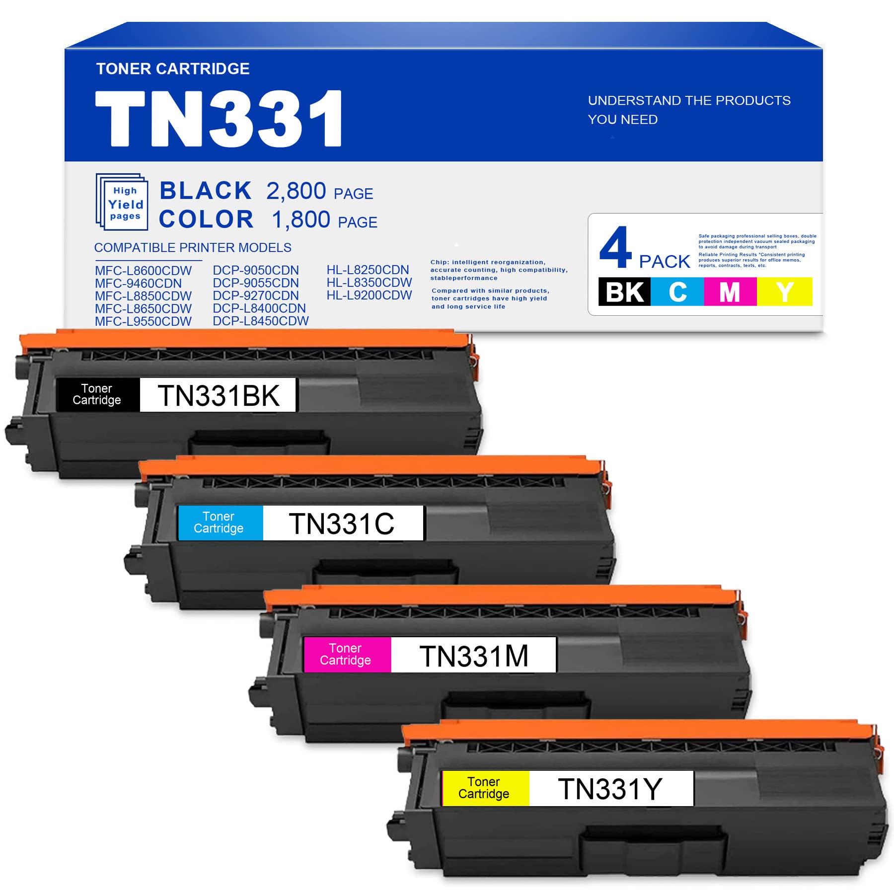 4-Pack TN331 Compatible Toner Cartridge Replacement for Brother HL-L8250CDN, L8350CDW, L9200CDW, MFC-L8600CDW Printers - High Yield (1BK+1C+1M+1Y) | Perfect for Home & Office Printing Needs