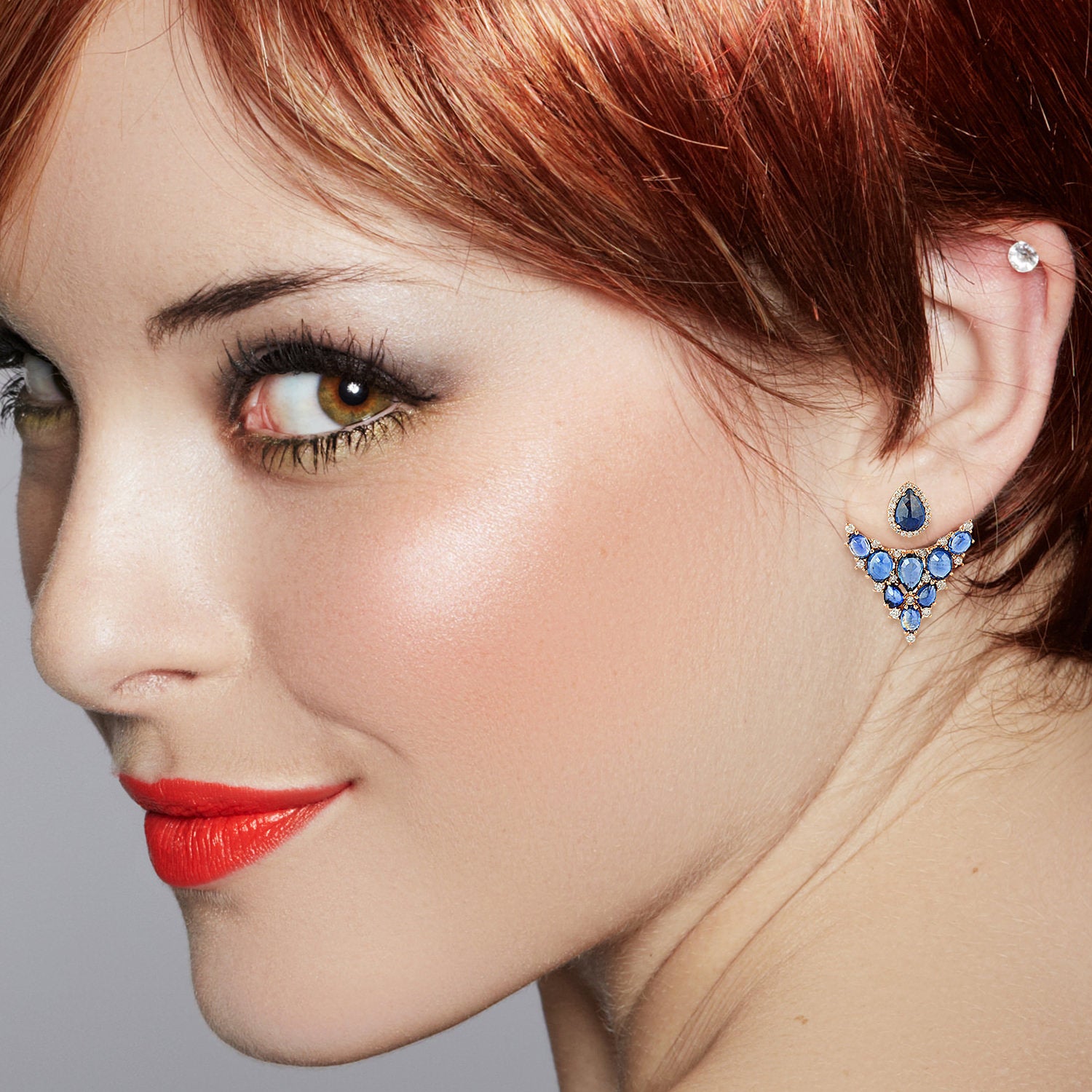 18K Rose Gold Blue Sapphire Diamond Ear Jacket - Elegant Gemstone Earrings for Women, Perfect for Weddings, Parties & Special Occasions