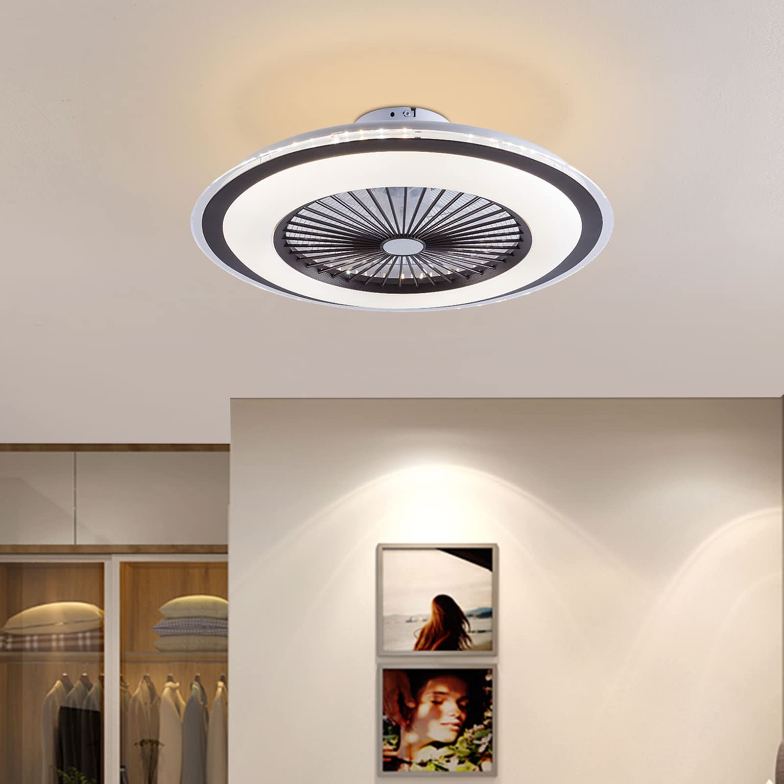 23 Inch Modern Flush Mount Ceiling Fan with Light Kit - Remote Control, 3 Speed Settings, Dimmable LED, Silent Motor, Smart Timing Function - Low Profile Chandelier Style for Bedroom, Kitchen, Living Room (Brown) - Perfect for Home Cooling and Stylish Lighting