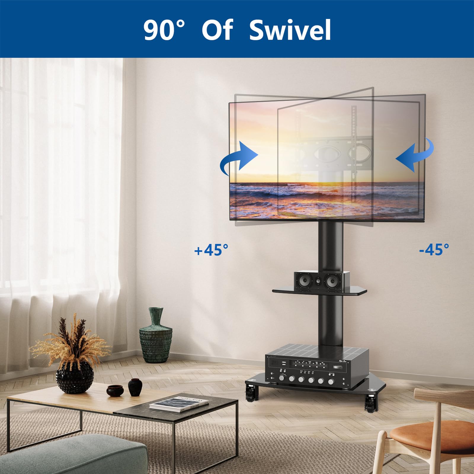 RFIVER Mobile TV Stand with Wheels - Adjustable Cantilever TV Trolley for 27-65 Inch Flat Screens (Max VESA 400x400mm, 50kg Capacity) - Sturdy TV Stand with Storage Shelves for Living Room, Bedroom & Office