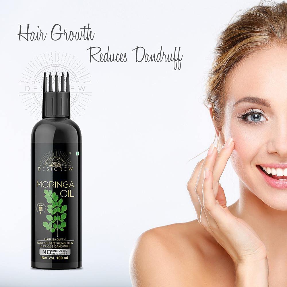 DESICREW Pure Cold Pressed Moringa Oil with Comb Applicator - 100ml Organic Hair & Skin Care - Promotes Growth, Moisturizes Scalp & Face - Perfect for Daily Hair Treatment & Skincare Routine