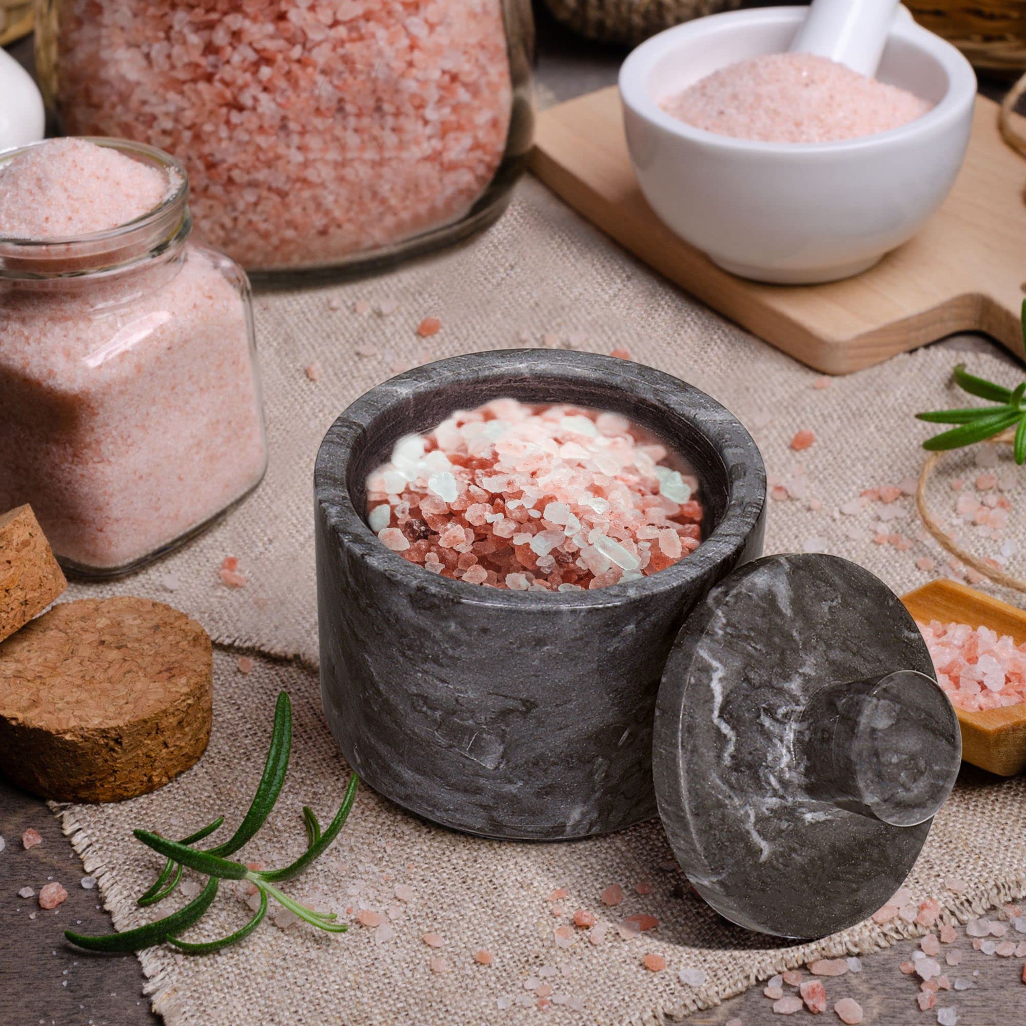 Premium Marble Salt Cellar with Lid - Airtight Spice Container for Salt, Pepper & Herbs | Elegant Marble Jewelry Box for Rings, Watches & Accessories | Perfect for Kitchen, Dining Table & Vanity Organizer (Black)