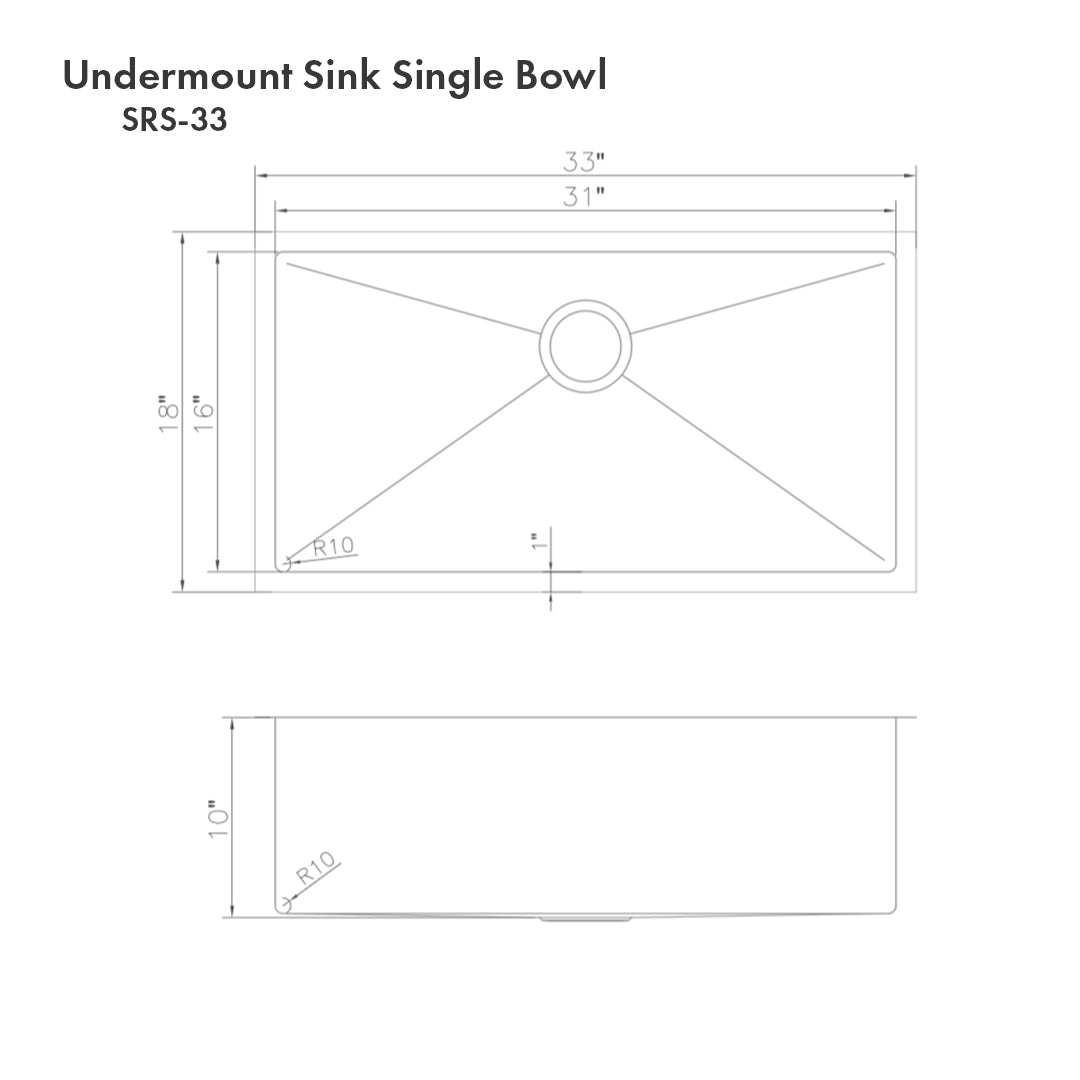 ZLINE Meribel 33-Inch Undermount Single Bowl Stainless Steel Kitchen Sink with Bottom Grid (SRS 33) - Durable & Stylish for Modern Kitchens, Perfect for Food Prep & Dishwashing