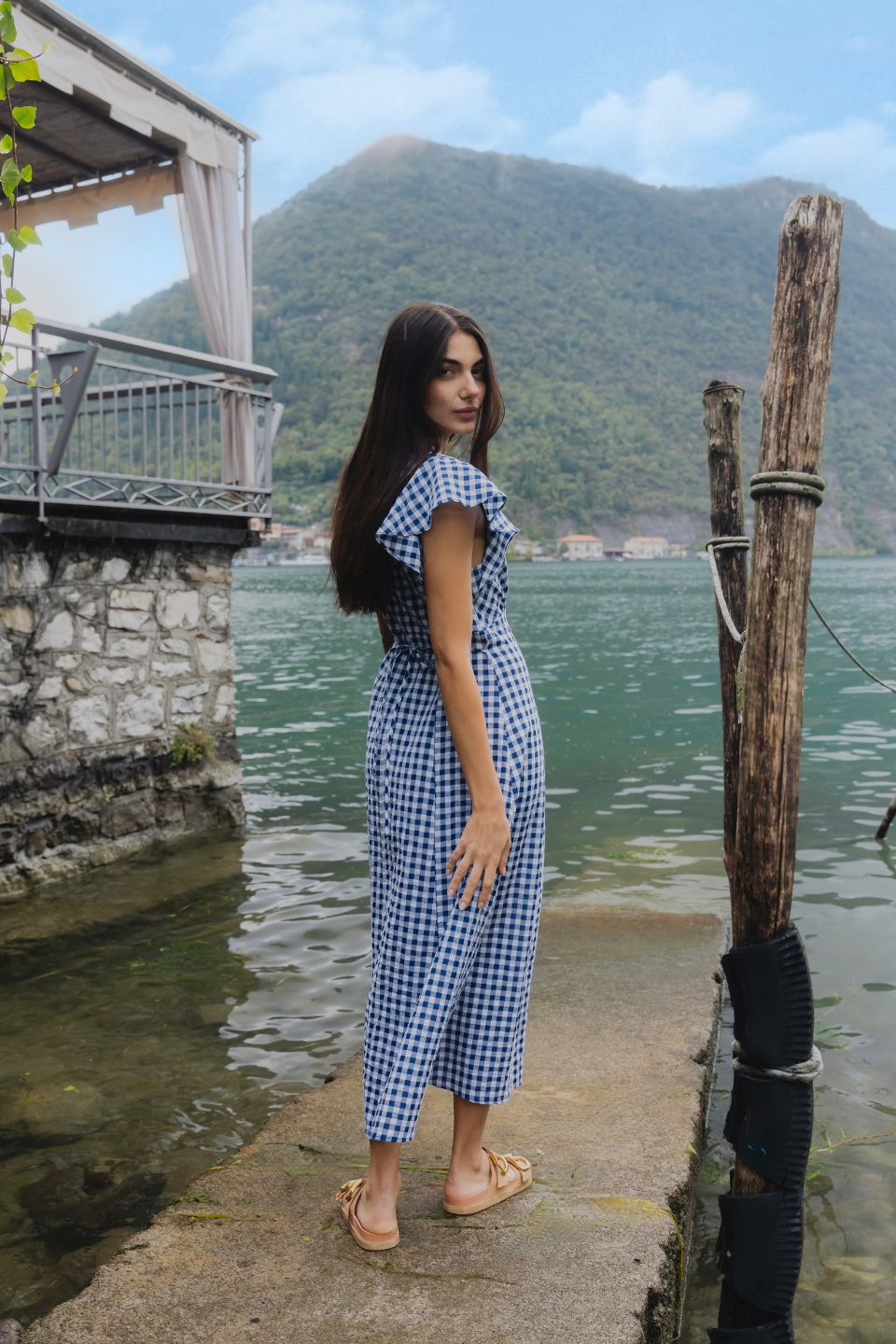 Flawless Navy Gingham Cotton Fluted Sleeve Button Front Midi Dress for Women | Summer Casual & Office Wear | Perfect for Brunch, Work, and Special Occasions