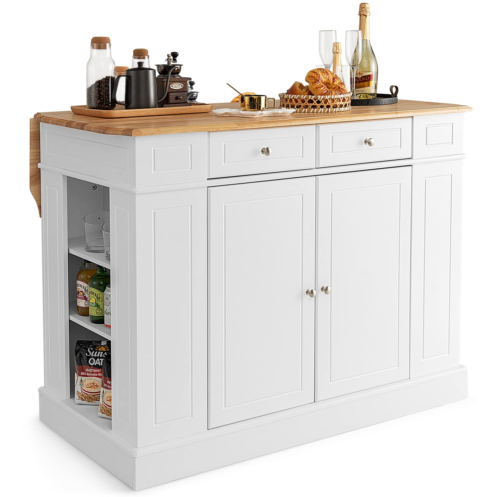 Expandable Kitchen Island with Rubber Wood Worktop - Adjustable Shelves, Drawers & Side Racks - White Kitchen Cabinet for Dining Room & Living Room Storage - Perfect for Meal Prep, Entertaining & Small Space Organization
