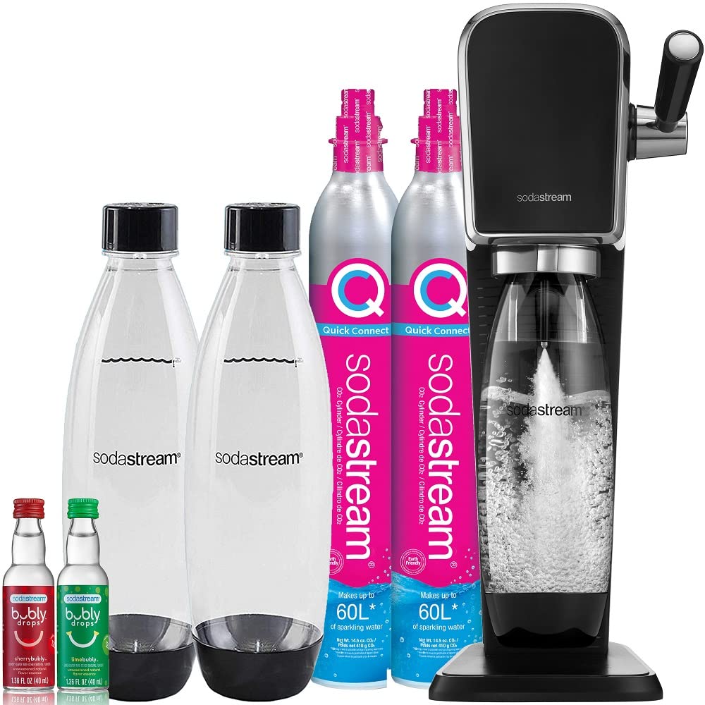 SodaStream Art Sparkling Water Maker Kit - Black | Includes CO2 Cylinder, DWS Bottles & Bubly Drops Flavor Variety Pack | Make Carbonated Drinks at Home for Parties, Office or Healthy Hydration