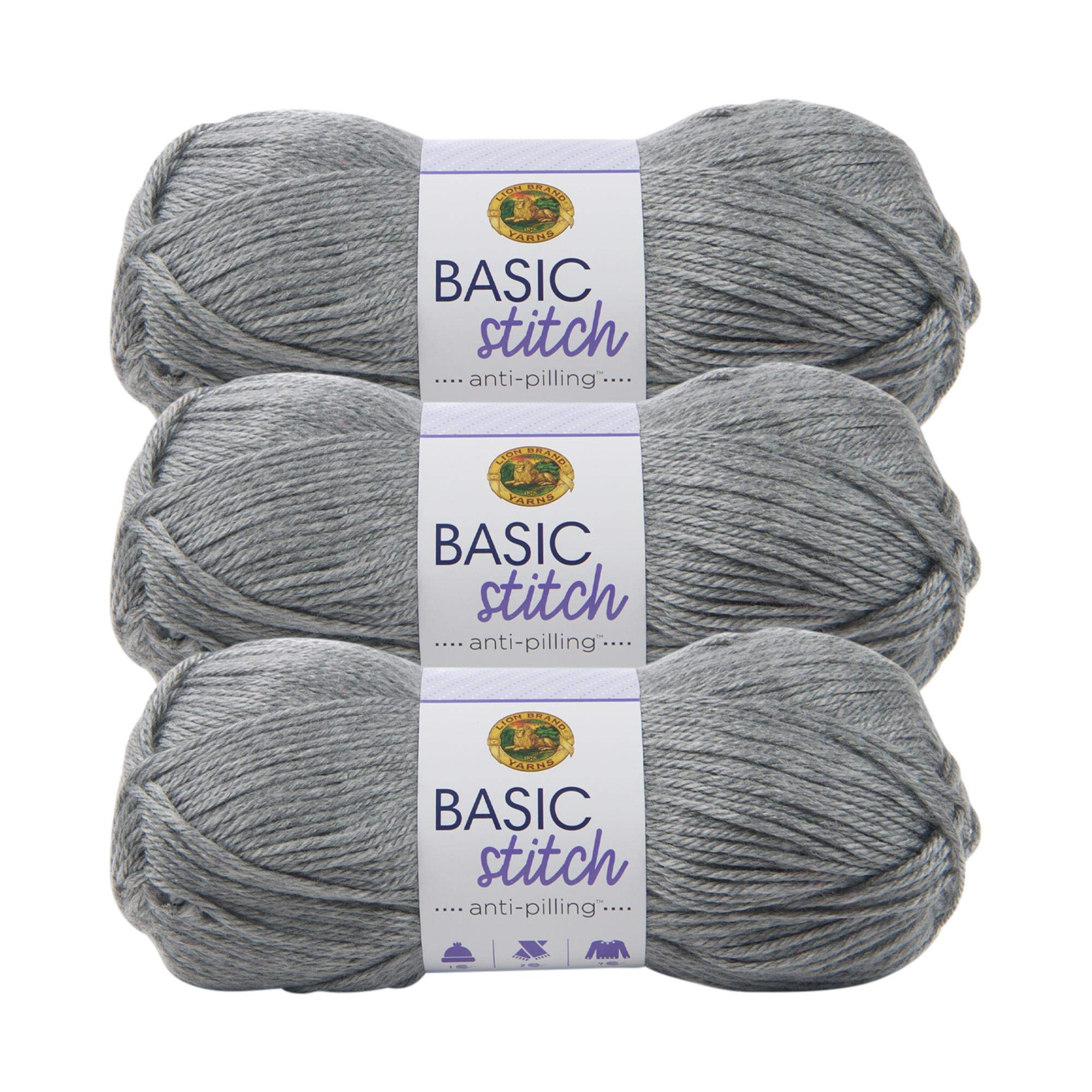 Lion Brand Yarn Basic Stitch Anti-Pilling Knitting & Crochet Yarn - 3-Pack, Silver Heather - Soft & Durable for Sweaters, Scarves, Blankets & DIY Crafts