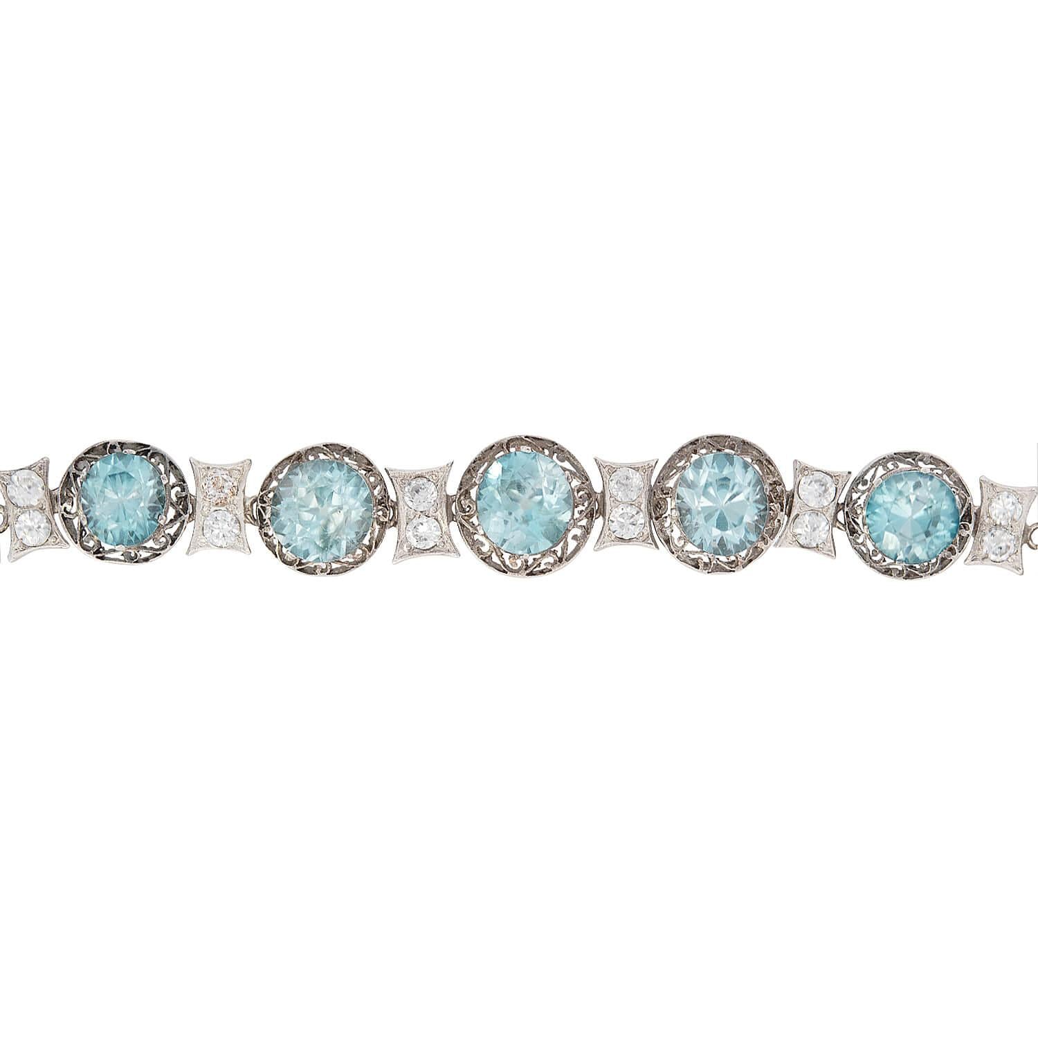 Edwardian 14k Gold & Sterling Silver Diamond & Zircon Bracelet - Vintage Jewelry for Weddings, Anniversaries & Special Occasions