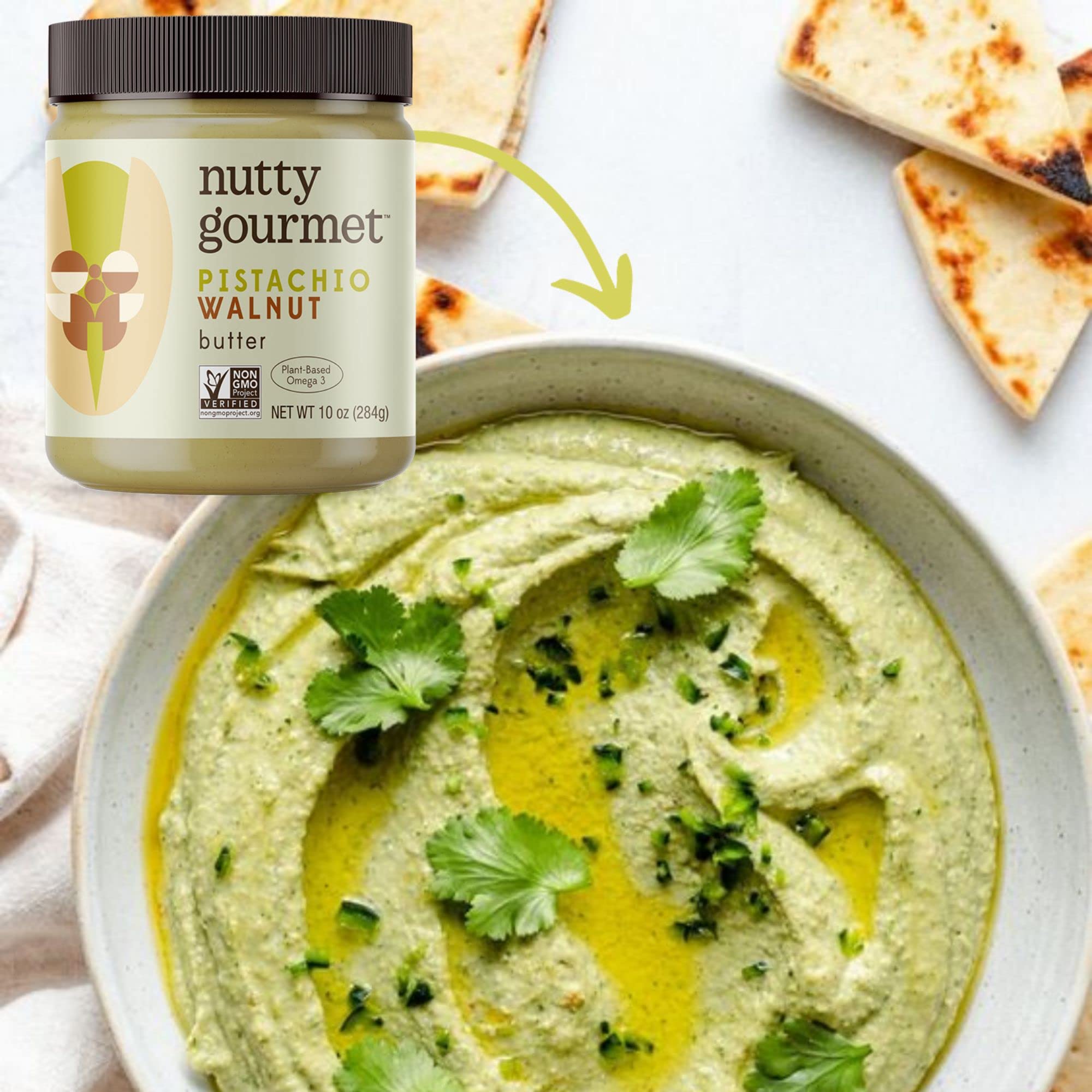 Nutty Gourmet Pistachio Walnut Spread - No Added Sugar, Palm Oil Free, Peanut Free, Gluten Free - Healthy Protein Breakfast Snack - Perfect for Dips, Fillings, Sauces & Baking - Great for Toast, Yogurt Topping, Smoothie Boost (10oz, 2 Pack)