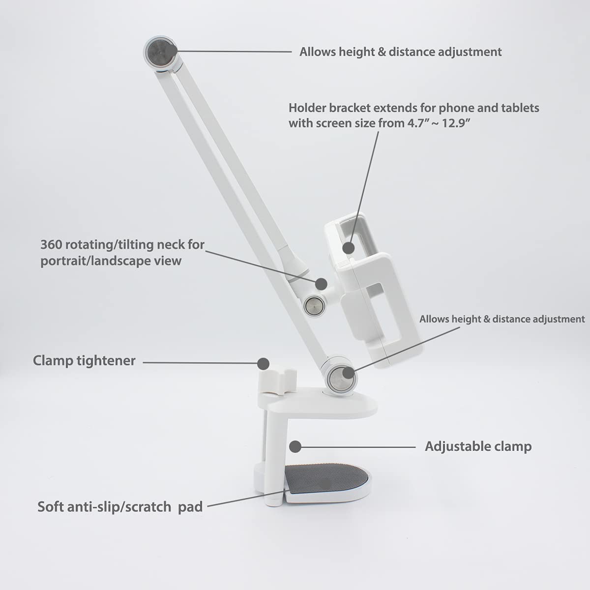 Adjustable 360° Rotating Phone Holder for Bed & Desk - White | Universal Phone & Tablet Stand for Laying Down, Watching Movies, Reading & Working | Compatible with iPhone, iPad & Smartphones