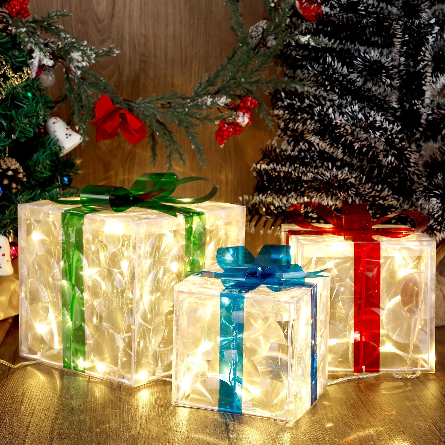 Set of 3 LED Lighted Gift Boxes - 60 Transparent Christmas Decorations for Home, Party & Holiday Display - Perfect for Tree Toppers, Table Centerpieces & Festive Gift Wrapping