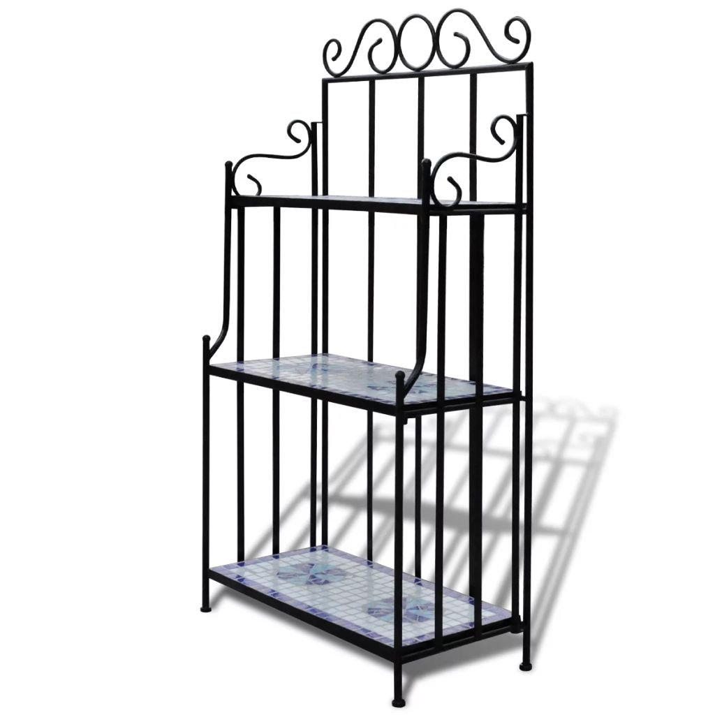 Tidyard Blue and White Iron Plant Stand with Ceramic Tile Shelves - 22.8