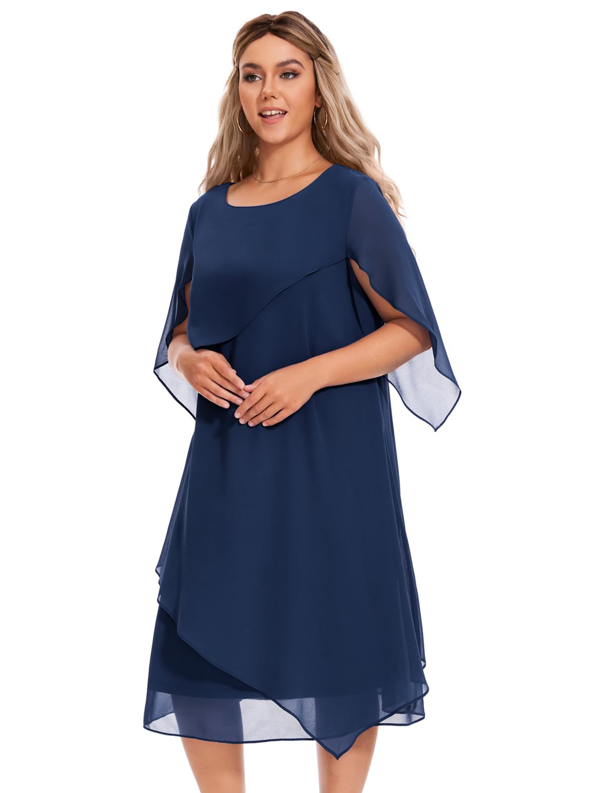 Elegant Plus Size Cape Dress with Chiffon Overlay for Women - Wedding Guest, Cocktail Party & Special Occasion Formal Wear
