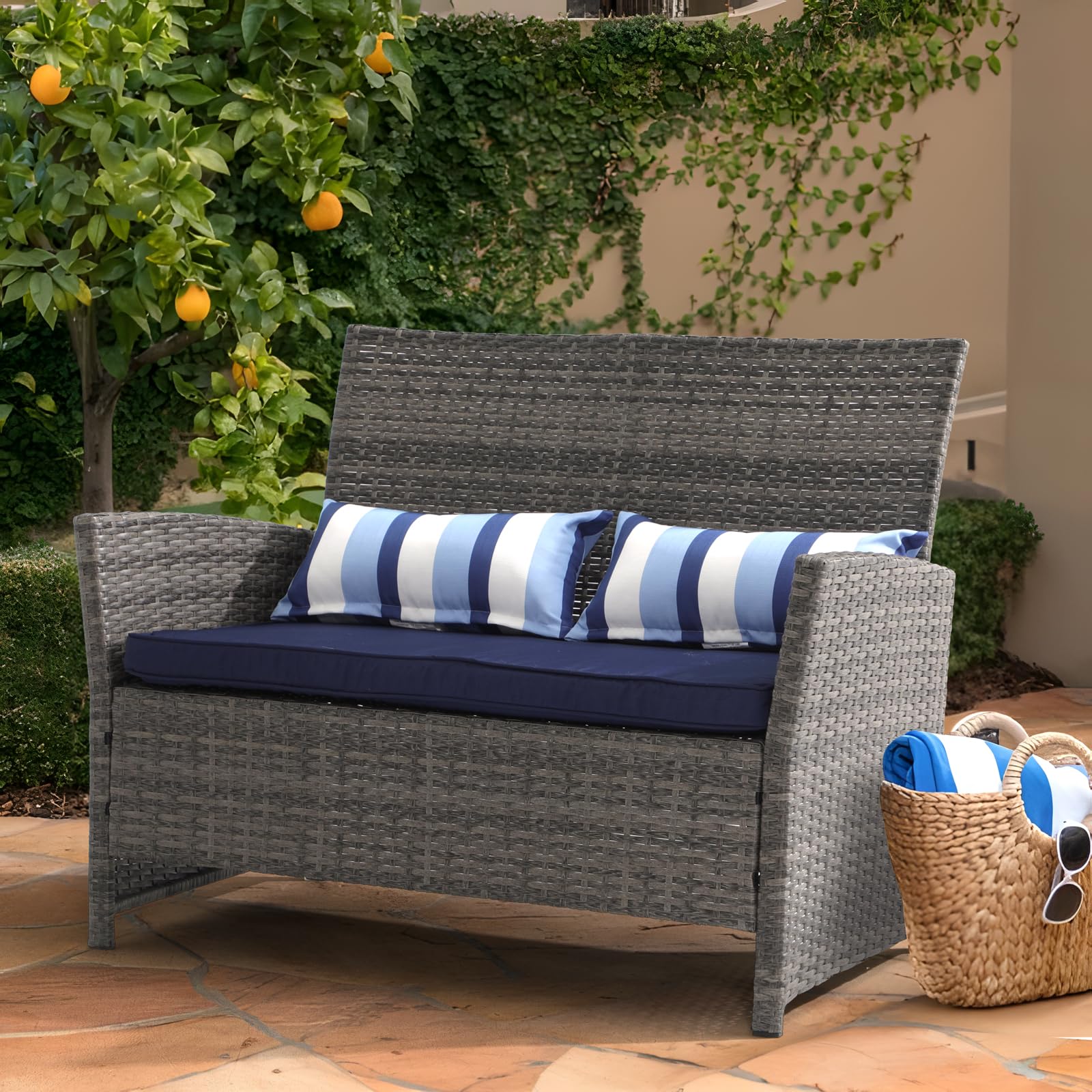 **SUNSITT Outdoor Wicker Loveseat with Cushions – 2-Seater PE Rattan Patio Sofa with Lumbar Pillows, Grey Wicker & Blue Cushions – Durable Steel Frame – Perfect for Porch, Backyard, Garden, Poolside Relaxation**