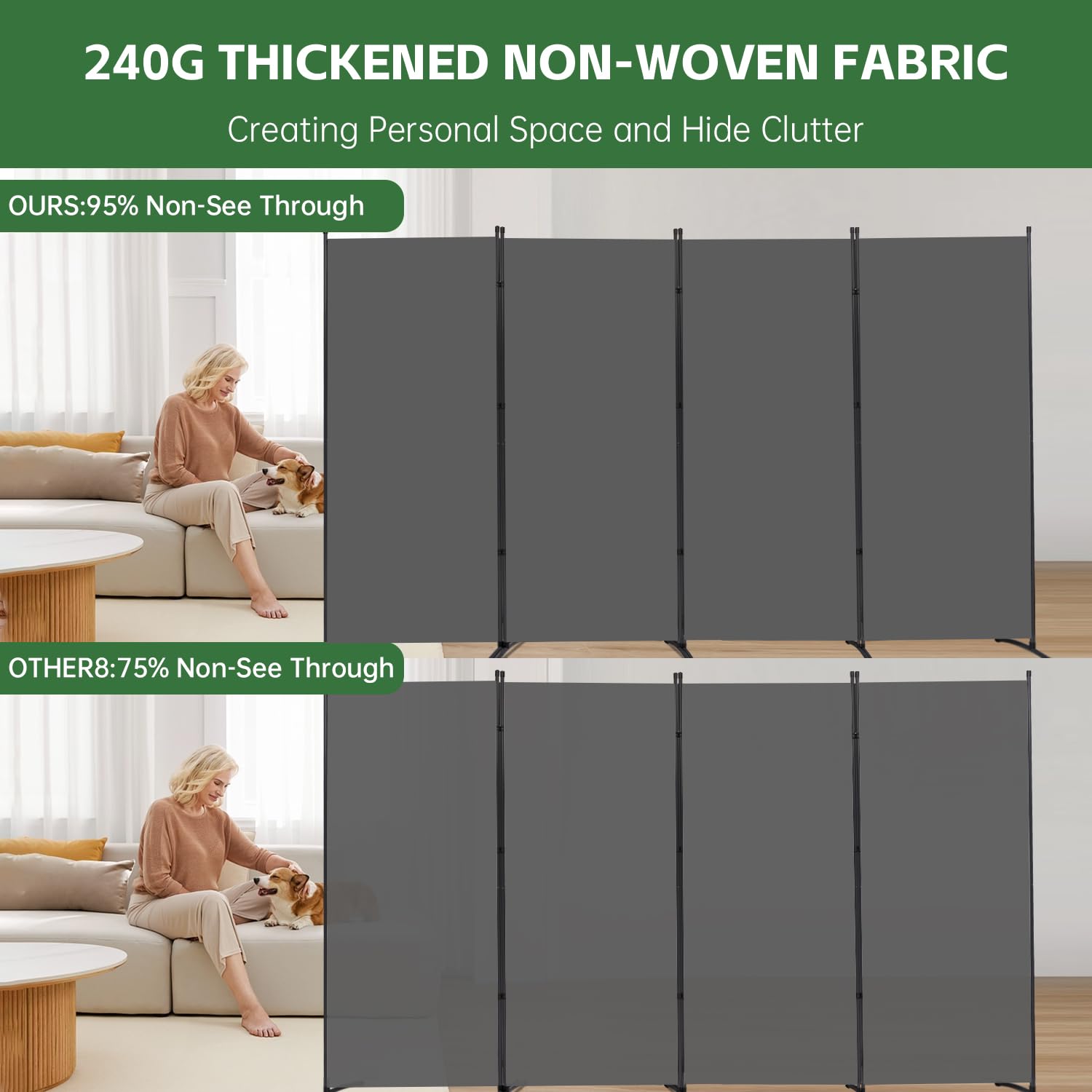YASRKML 4-Panel Folding Room Divider Privacy Screen - Portable Freestanding Partition Panel with Fabric for Home, Office & Event Separation - Grey | Ideal for Bedroom Privacy, Office Space Division & Wedding Decor