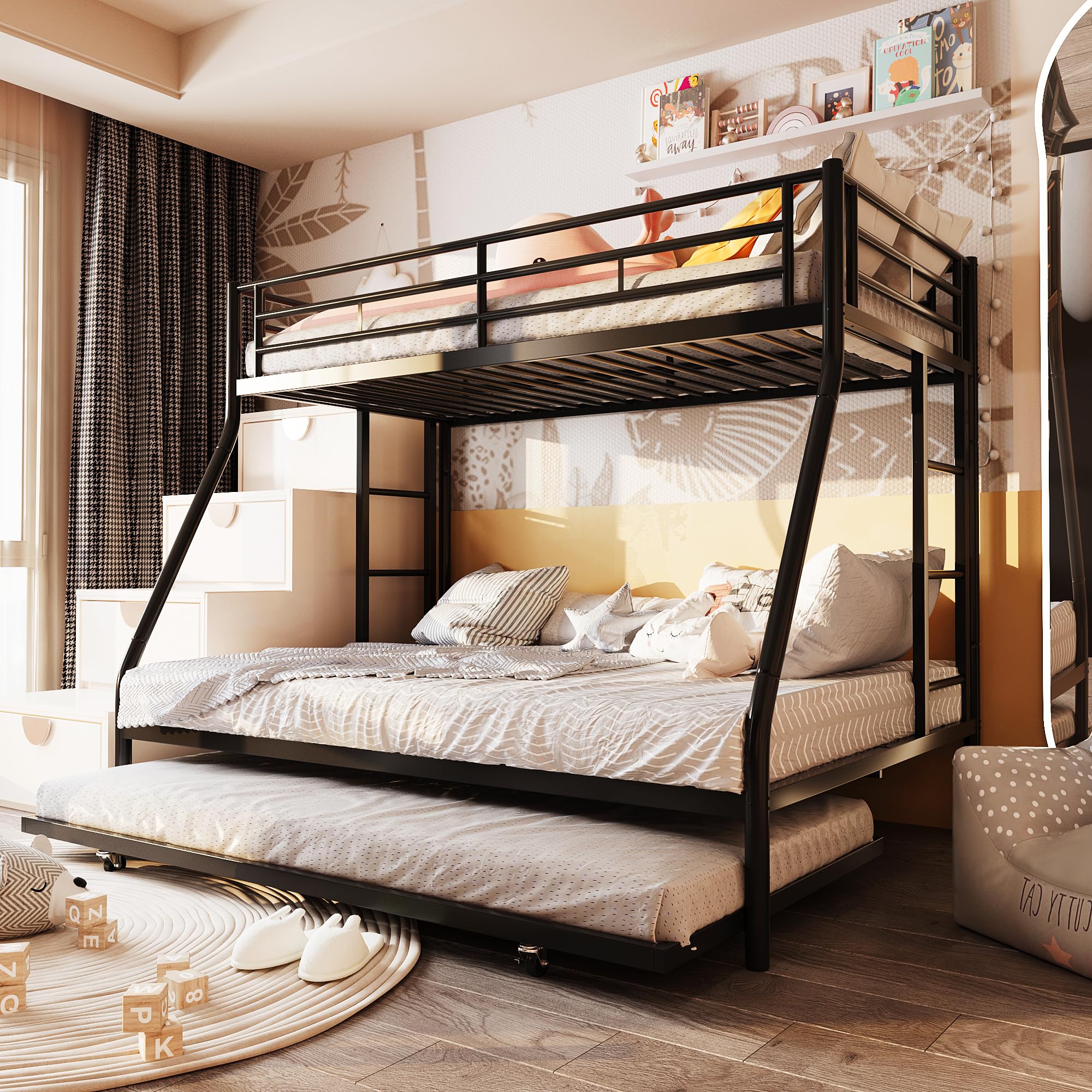 Metal Twin Over Full Bunk Bed with 2 Secure Ladders & Trundle - Space-Saving Loft Bed Frame with Safety Rail & Noise-Free Design for Small Bedrooms - Perfect for Kids Rooms, Guest Rooms & Dormitories - Black