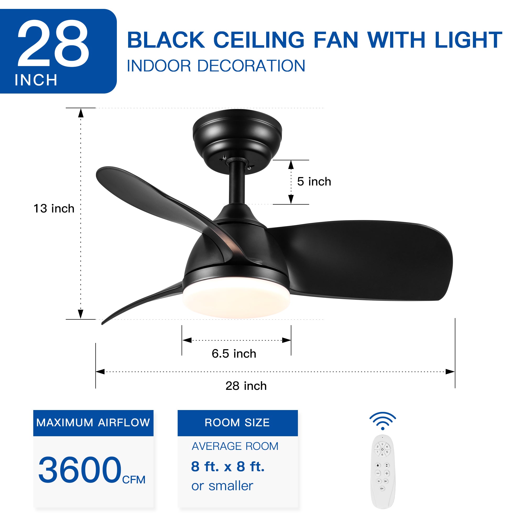 28 Inch Integrated LED Ceiling Fan with Black ABS Blades - Energy Efficient Smart Home Lighting for Bedroom, Living Room & Office