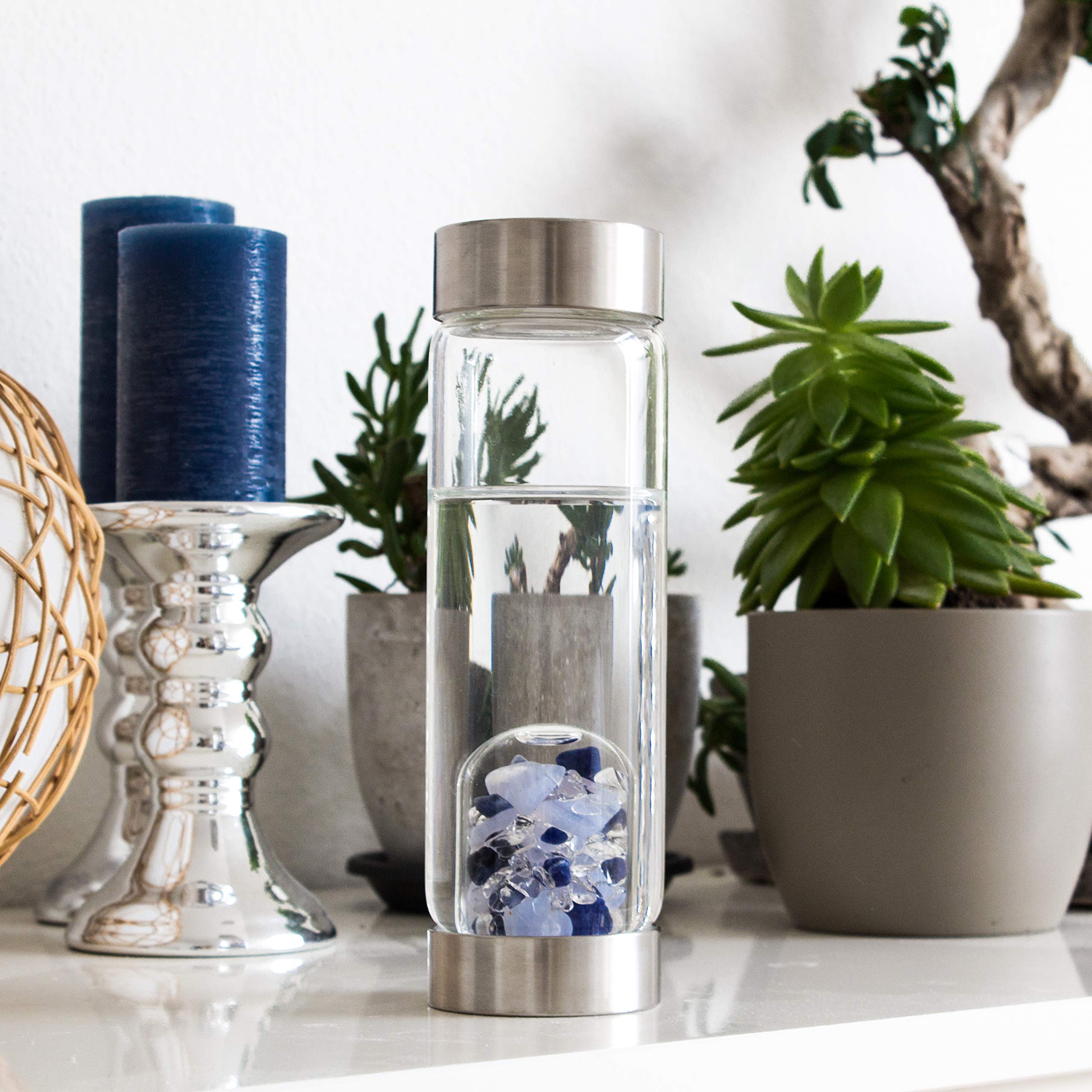 VitaJuwel ViA BALANCE Crystal Water Bottle with Sodalite, Chalcedony & Clear Quartz - Inner Peace, Reflection & Meditation - Natural Energy Infuser for Yoga, Wellness & Spiritual Healing