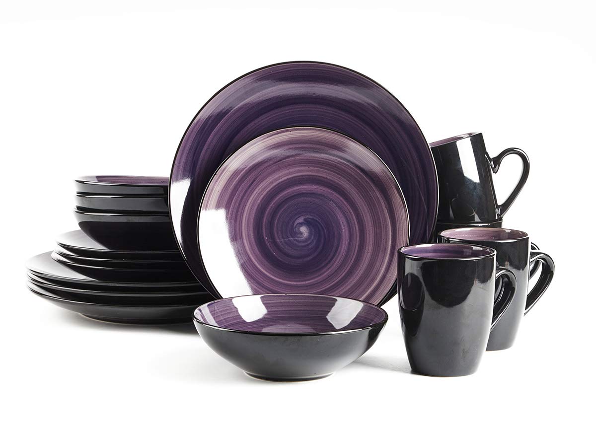 HomeVss 16-Piece Stoneware Dinnerware Set - Black & Speckled Spin Wash Purple, Durable Ceramic Plates, Bowls & Mugs - Perfect for Family Dinners, Entertaining & Everyday Use