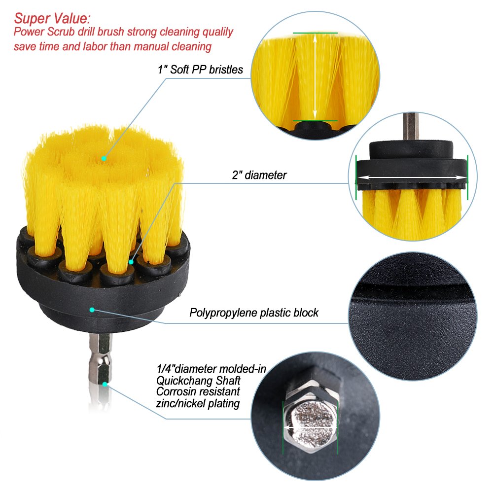 HIFROM 2in 3in 5in Drill Brush Set - Soft Medium Power Scrubber Attachment for Deep Cleaning | Bathroom Tile, Shower Grout, Kitchen, Pool, Glass, Carpet & Upholstery | Multi-Surface Cleaning Tool for Home & Car Detailing