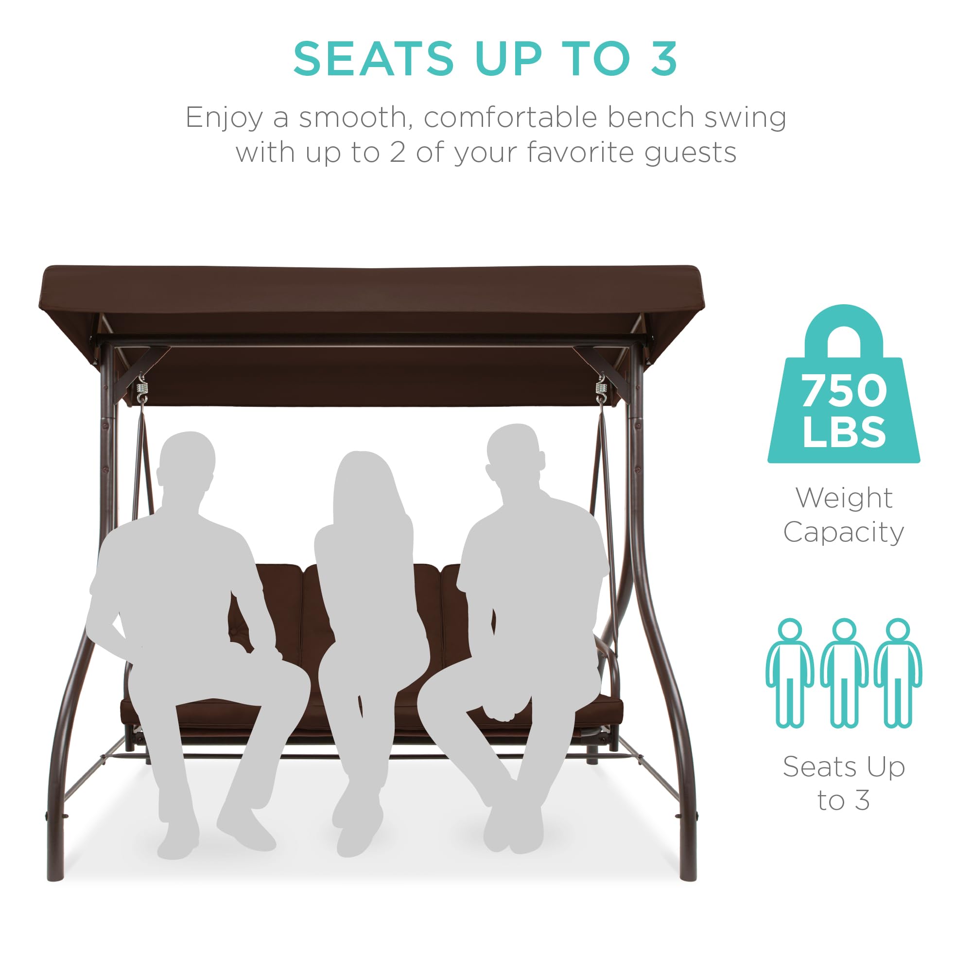 Best Choice Products 3-Seat Outdoor Patio Swing with Canopy - Convertible Glider Bench, Hammock Lounge Chair for Porch, Backyard, Garden w/ Adjustable Shade & Removable Cushions - Perfect for Relaxing, Reading & Outdoor Entertaining - Brown