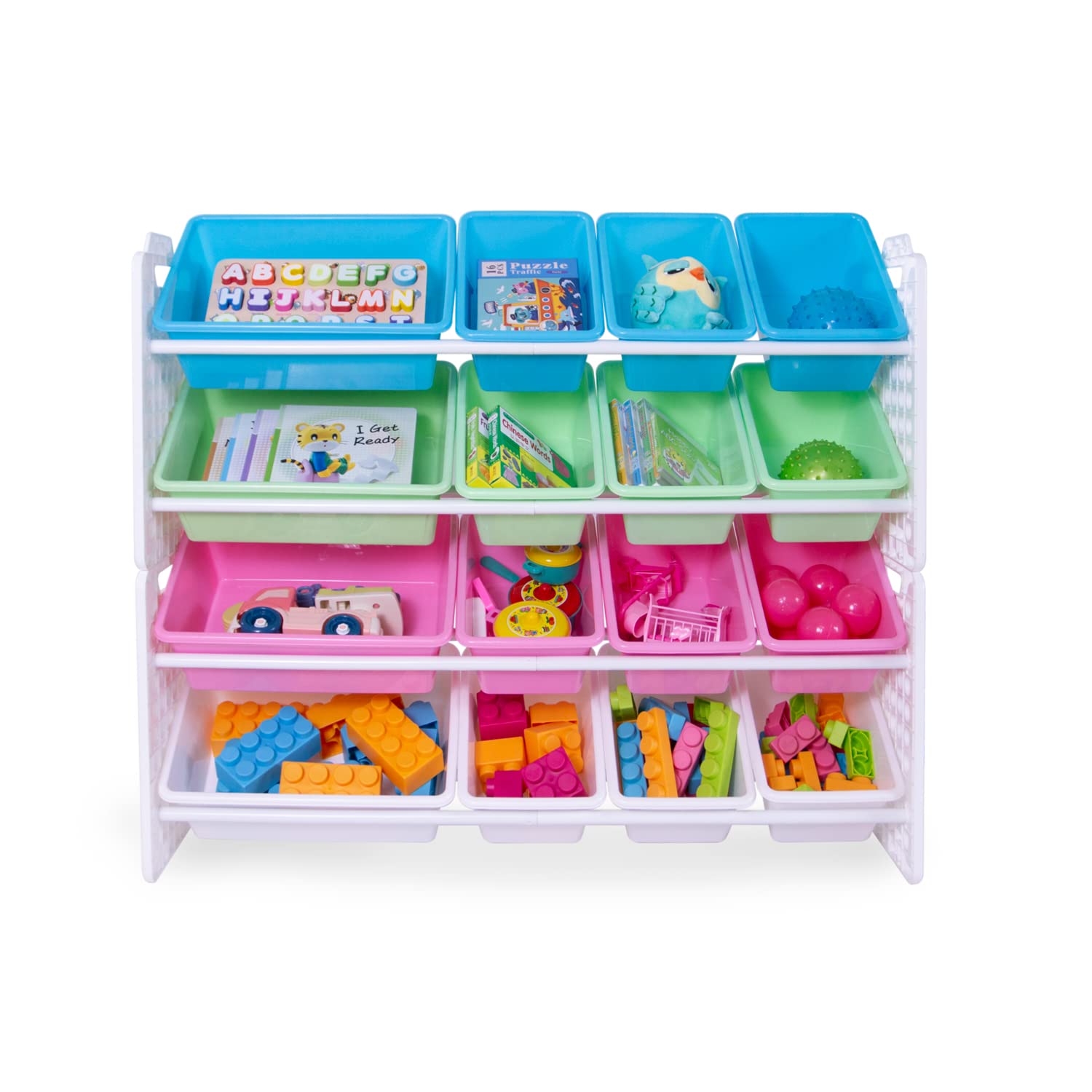 UNiPLAY 16-Bin Toy Storage Organizer with Removable Bins & Baseplate Frame - Kids Books, Building Blocks, School Supplies & Toys Storage Solution (Pink) - Perfect for Playrooms, Classrooms & Home Organization