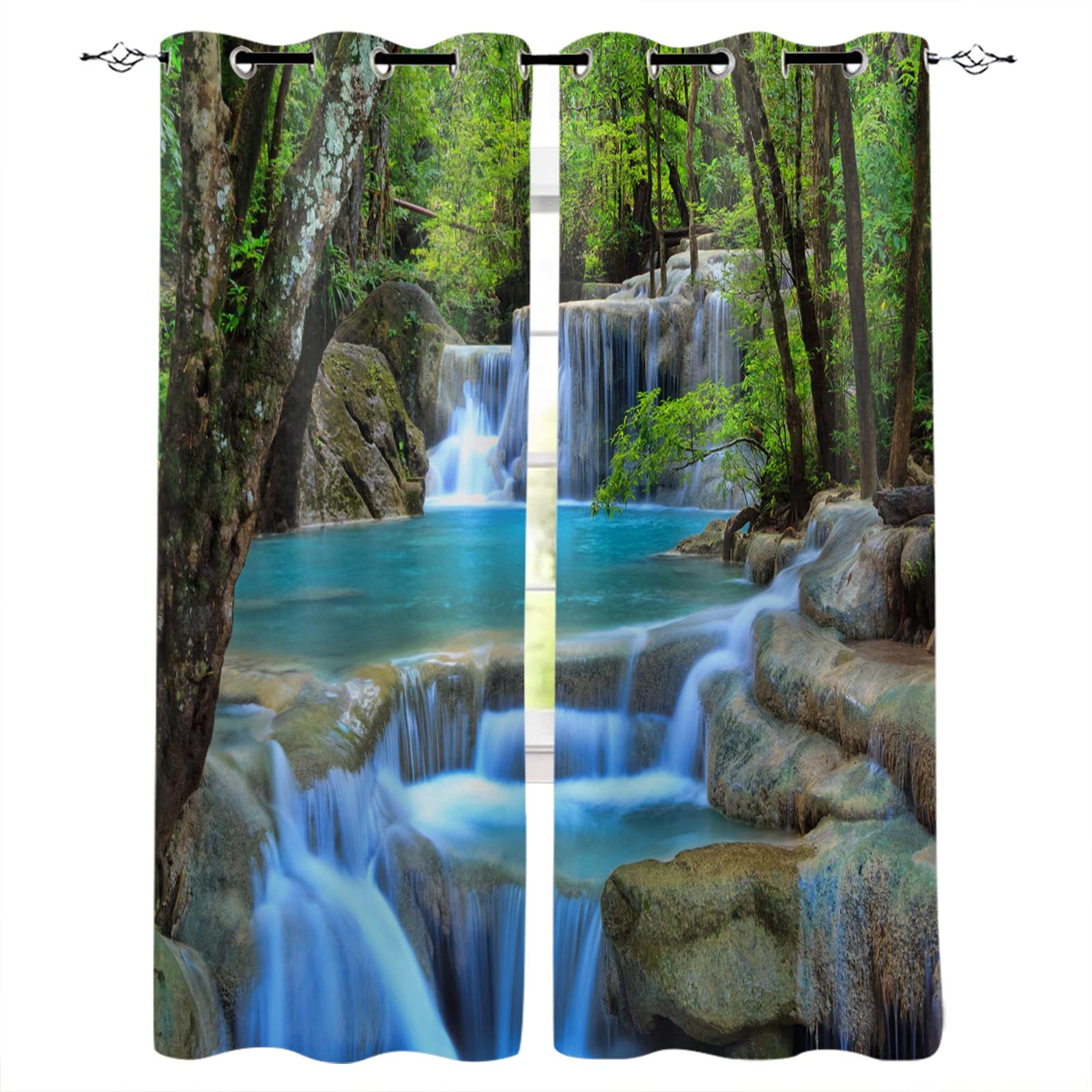 Green Nature Landscape Grommet Window Curtains - Waterfall 3D Printed Thermal Insulated Blackout Drapes for Bedroom & Living Room - 72x72 Inch Sliding Glass Door Panels (Set of 2) - Perfect for Home Decor, Privacy & Light Control
