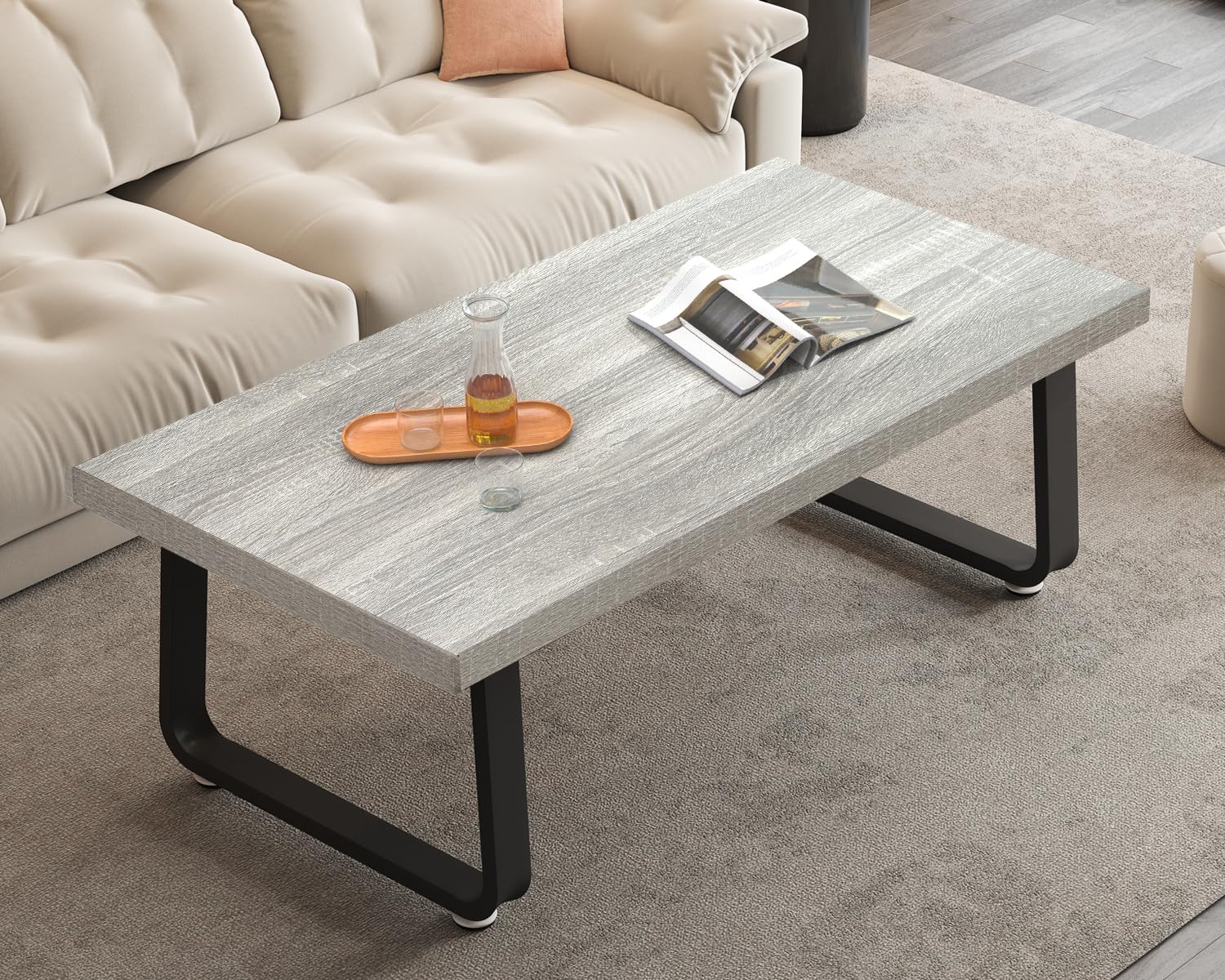 HSH Industrial Coffee Table - Modern Minimalist Wooden Rectangle Living Room Table for Small Spaces - Farmhouse Style Wood & Metal Tea Table - Light Grey Oak Finish - 47 Inch - Perfect for Home, Bedroom, Office & Apartment Decor