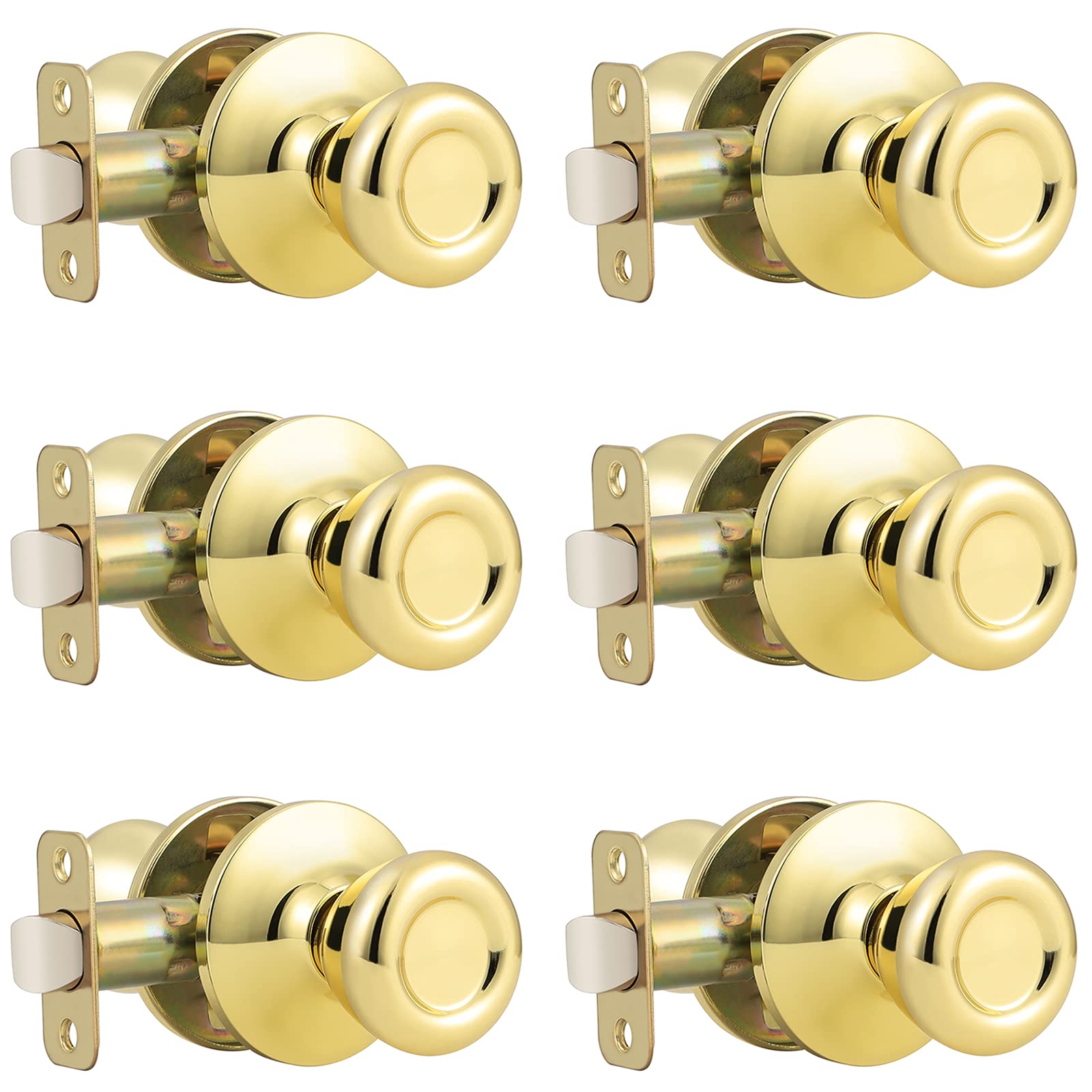 GobeKor 6 Pack Keyless Interior Door Knobs with Lock - Polished Brass Hall & Closet Door Handles, Tulip Design for Bedroom, Bathroom & Office (Easy Installation, Smooth Operation)