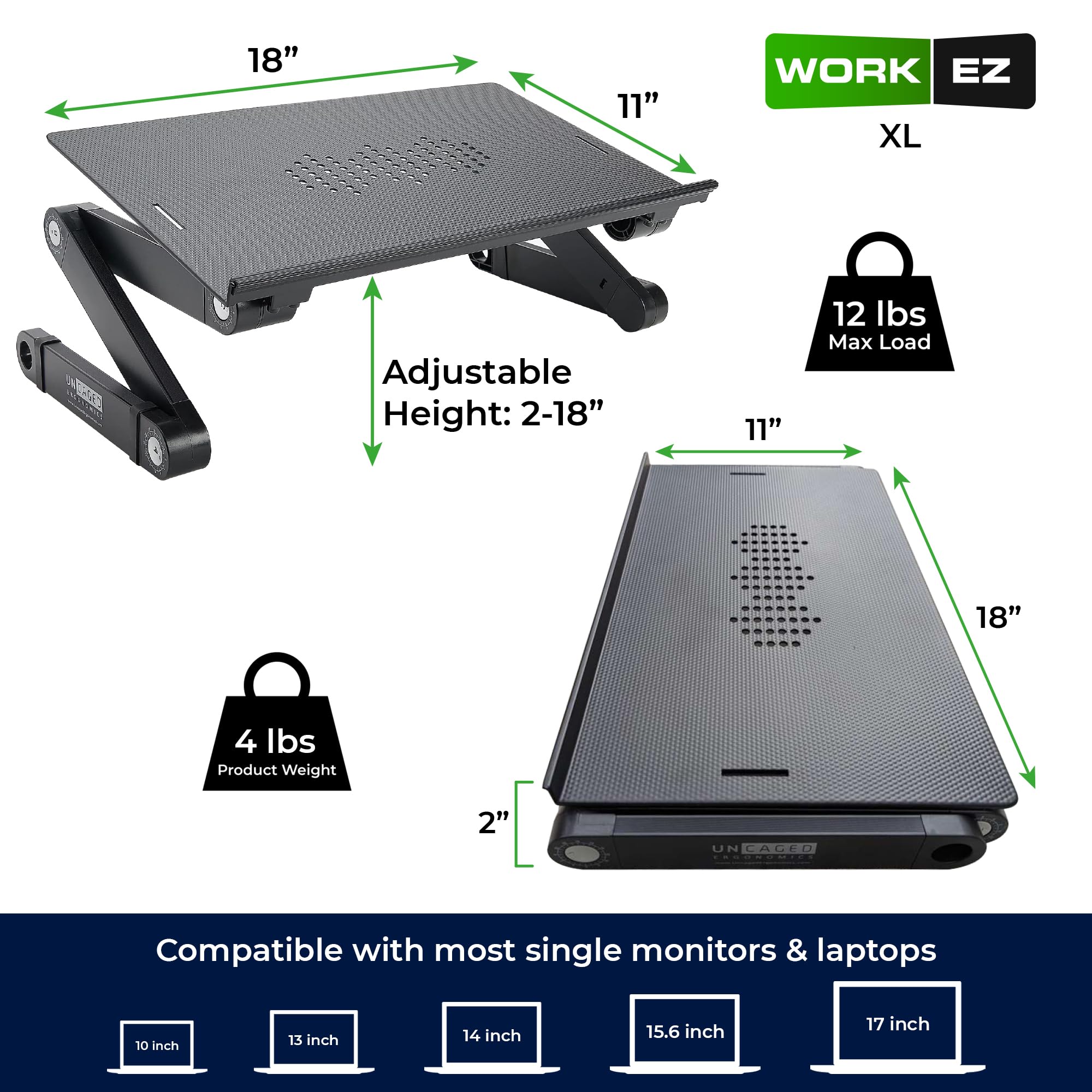 Uncaged Ergonomics Workez Adjustable Laptop Stand for Desk - Foldable Aluminum Laptop Riser with Height Adjustment & Cooling Function for Home Office, Bed, or Travel (XL-Gray) | Perfect for Working, Studying, or Watching Movies