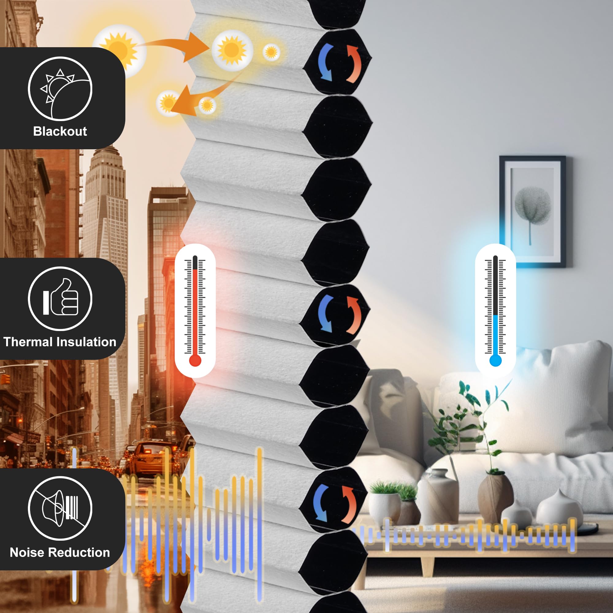 Boolegon No Drill No Tools Cellular Shades - Top Down Bottom Up Honeycomb Blinds, Blackout Cordless Window Coverings - Easy Install for Home & Office, Custom Size (Blackout-White) - Perfect for Bedrooms, Living Rooms & Home Theaters