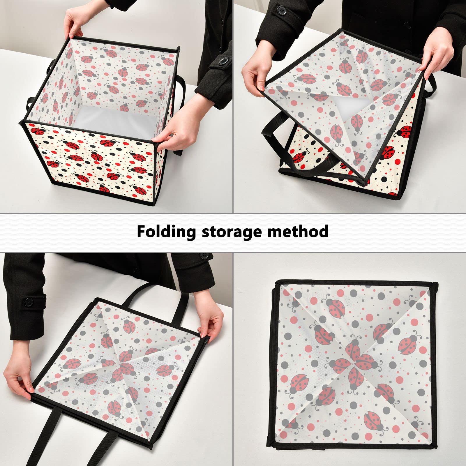 Red Ladybug Print Collapsible Fabric Storage Bins with Handles - 10.6x10.6x10.6 Inch Square Organizer for Toys, Nursery, Closet & Shelves | Cute Home Decor for Kids Room & Playroom Organization