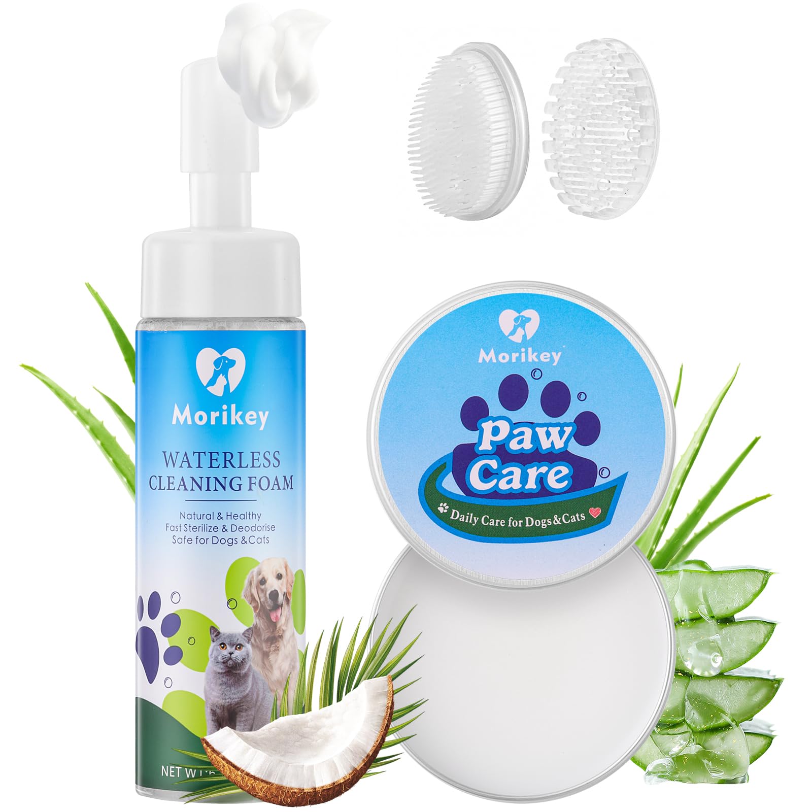 Morikey No-Rinse Dog Paw Cleaner with Brush & Balm - Waterless Pet Shampoo for Quick Cleaning