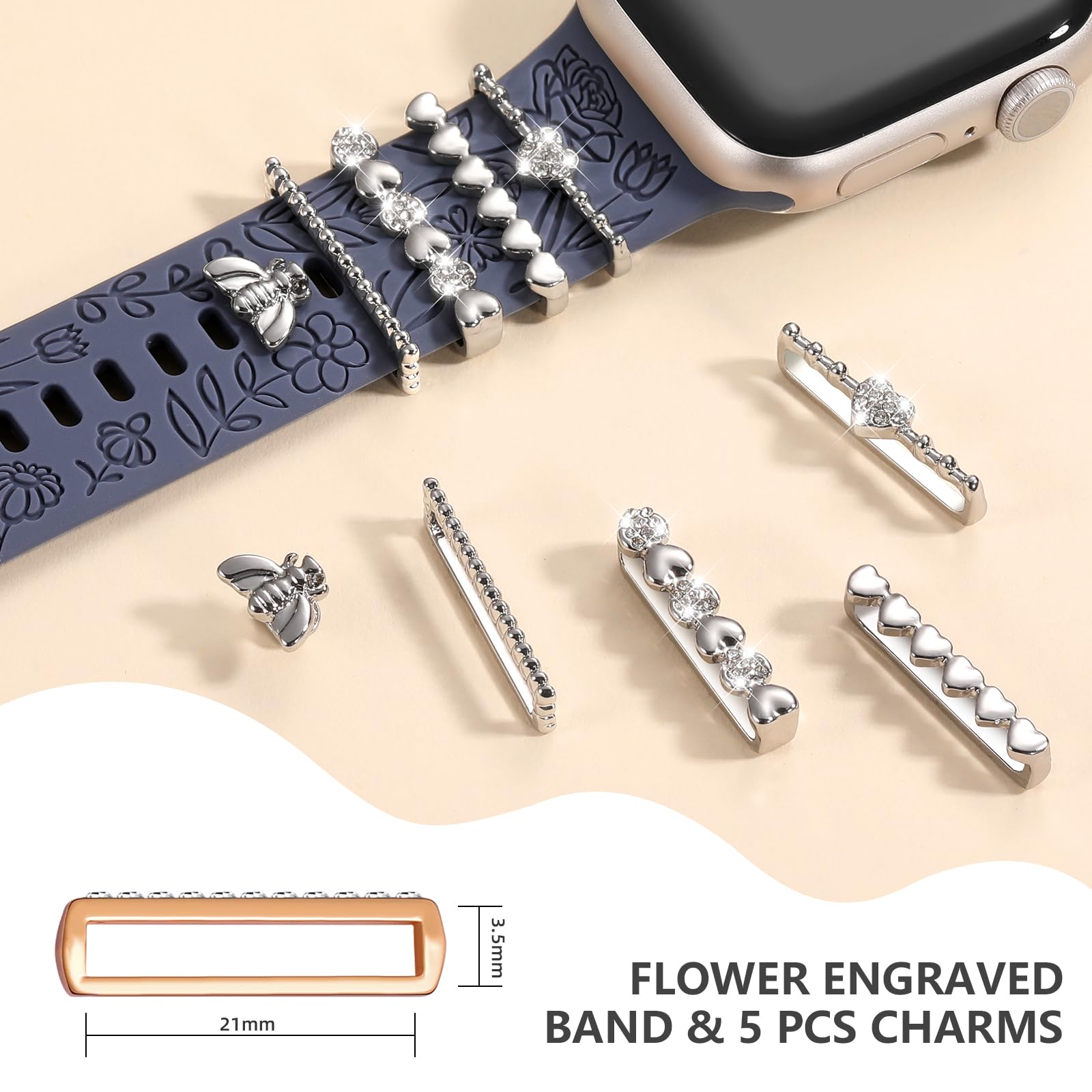 DaQin Floral Engraved Silicone Band Compatible with Apple Watch Series 9/8/7/6/5/4/3/2/1/SE - 38mm 40mm 41mm 42mm 44mm 45mm Women's Fashion Watch Strap with Decorative Charms - Perfect for Workouts, Office Wear & Everyday Style