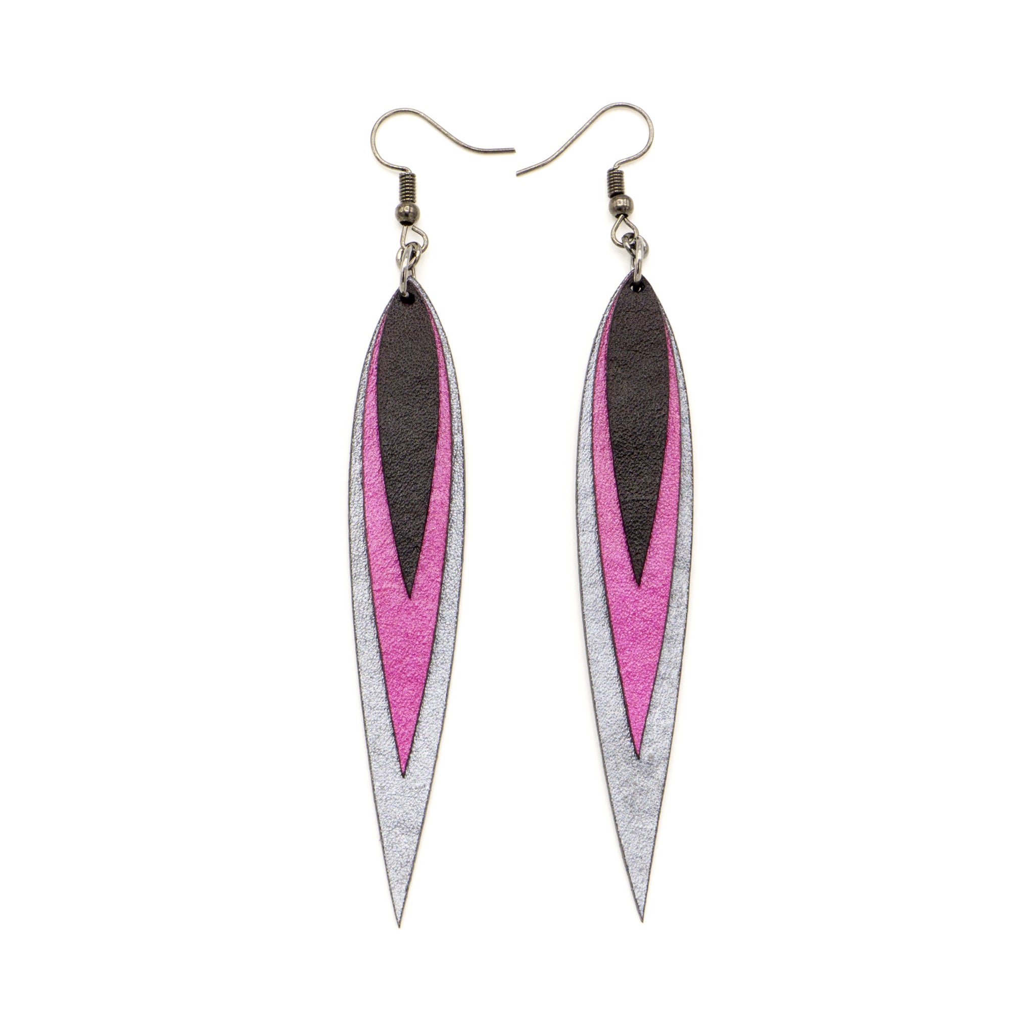 Achara Handmade Leather Earrings for Women - Silver Studs with Fuchsia Pearl & Black Leather | Boho Chic Jewelry for Parties, Weddings & Everyday Wear