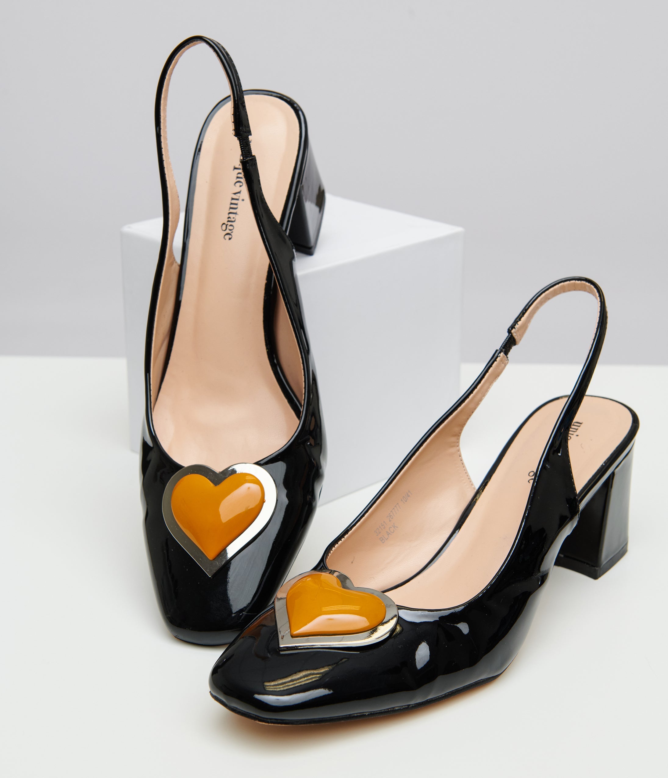 Vintage Black & Orange Heart Leatherette Slingback Heels - Retro Style Women's High Heels for Date Night, Party & Special Occasions