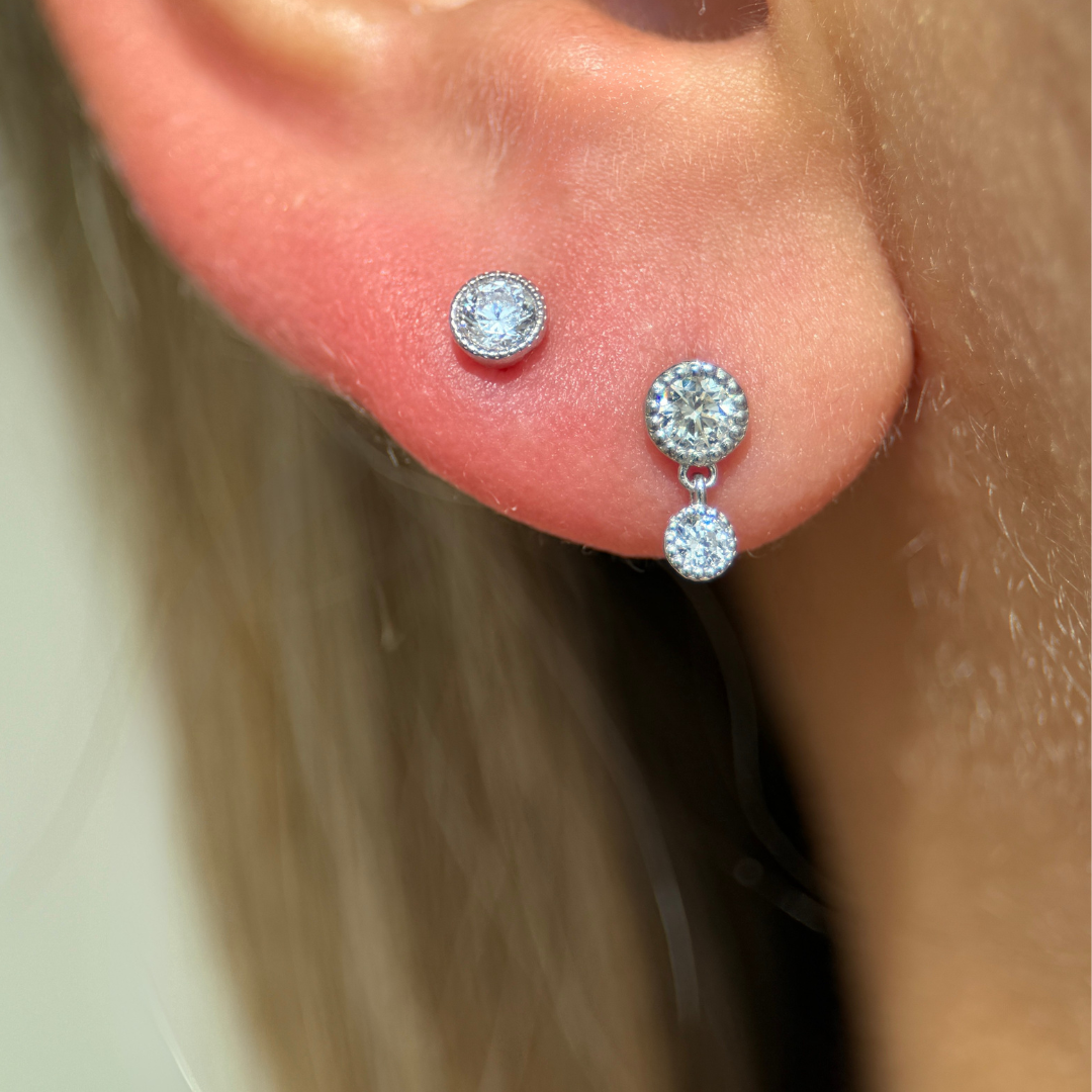 14K Solid Yellow Gold Double Diamond Drop Flat Back Stud Earrings for Women - Perfect for Everyday Wear, Parties & Special Occasions