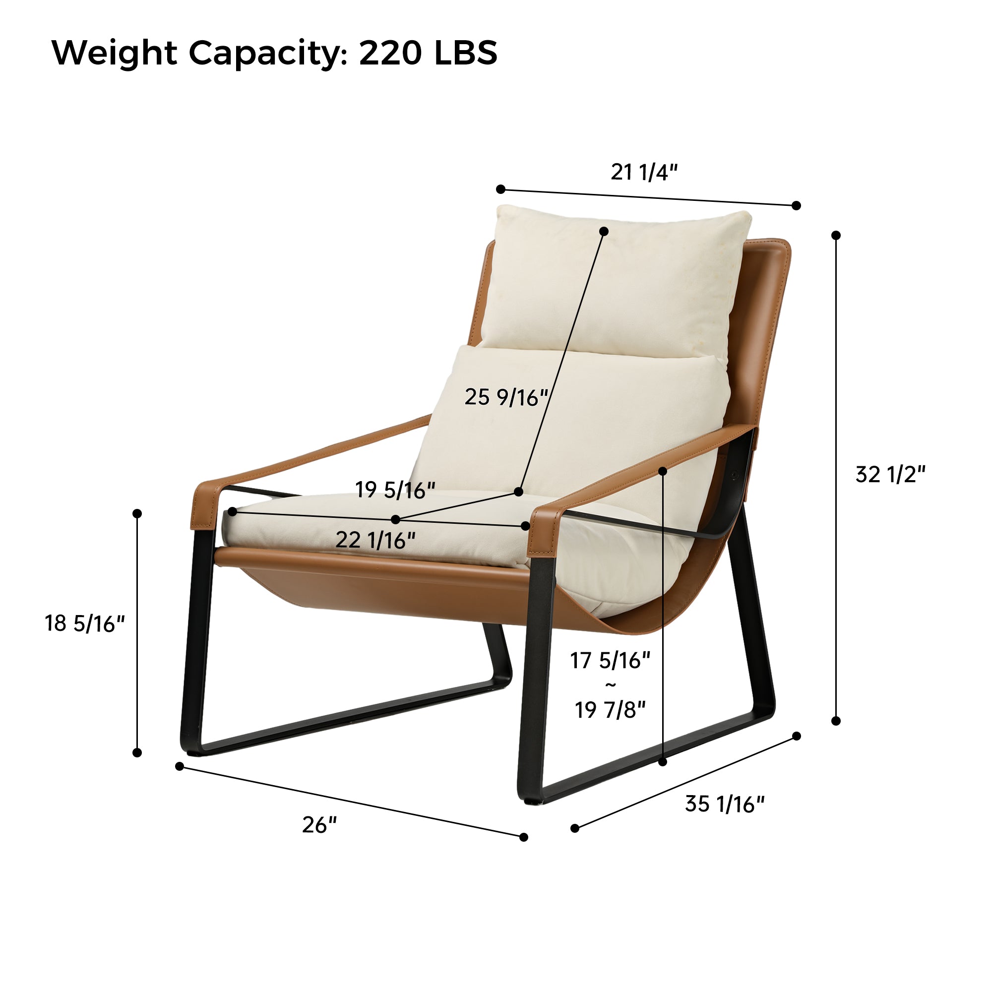 Premium Stitched Saddle Leather Lounge Chair - Beige & Orange Leather Recliner for Living Room, Office, or Reading Nook - Comfortable Modern Accent Chair for Home Decor