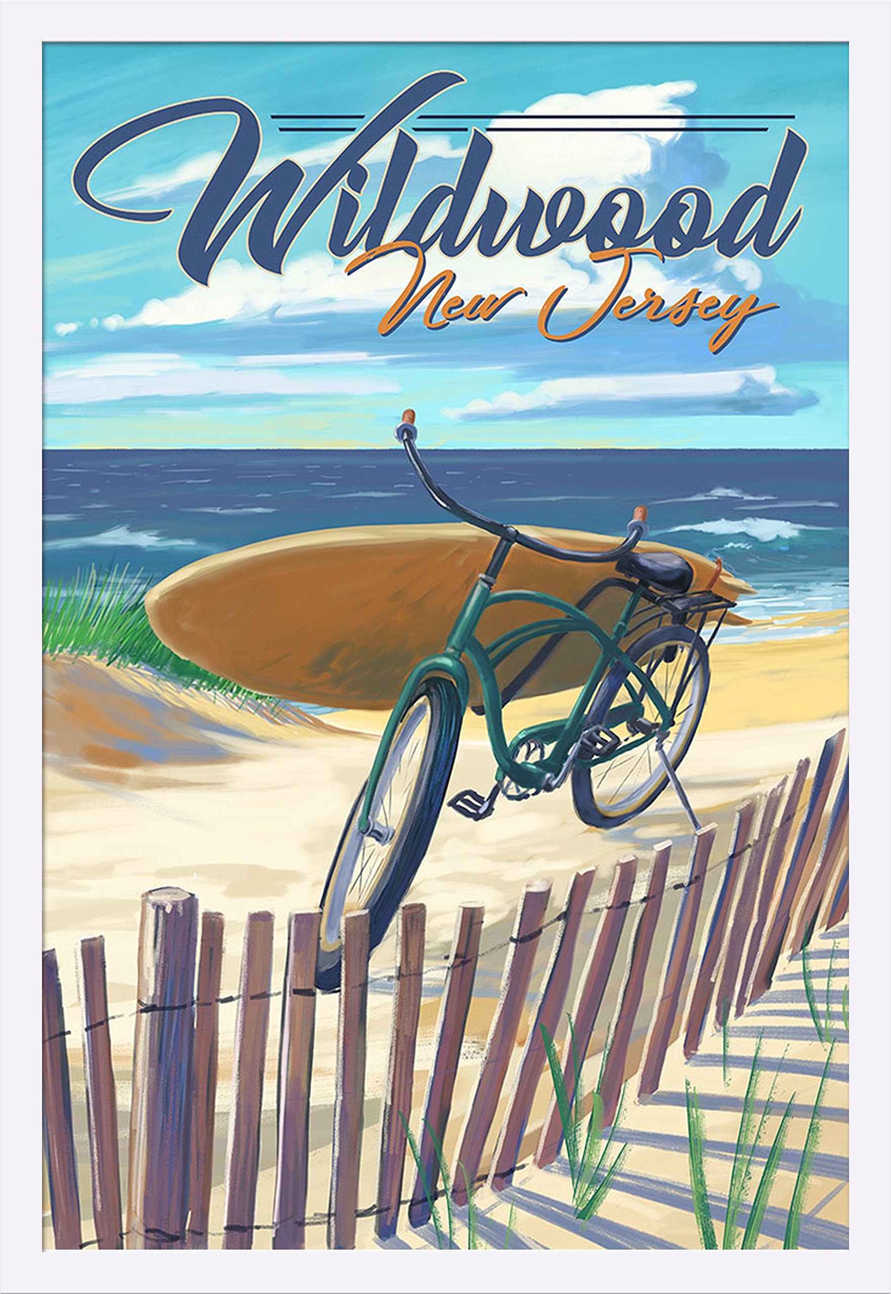 Wildwood New Jersey Beach Cruiser Bicycle 24x36 Giclee Art Print - Gallery Framed White Wood Wall Decor - Perfect for Coastal Home, Beach House & Office Decor