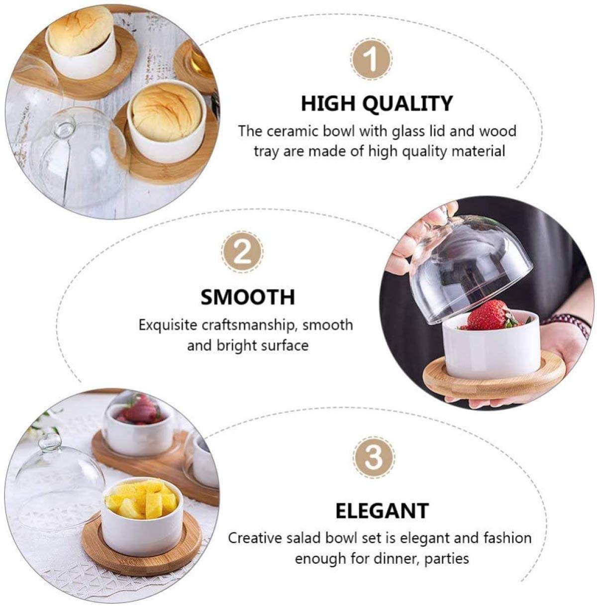Ceramic Snack Serving Tray with Glass Dome Lid & Wooden Coaster - Elegant Dip Bowls for Nuts, Candies, Starters, Sauces - Perfect for Parties, Entertaining & Home Decor