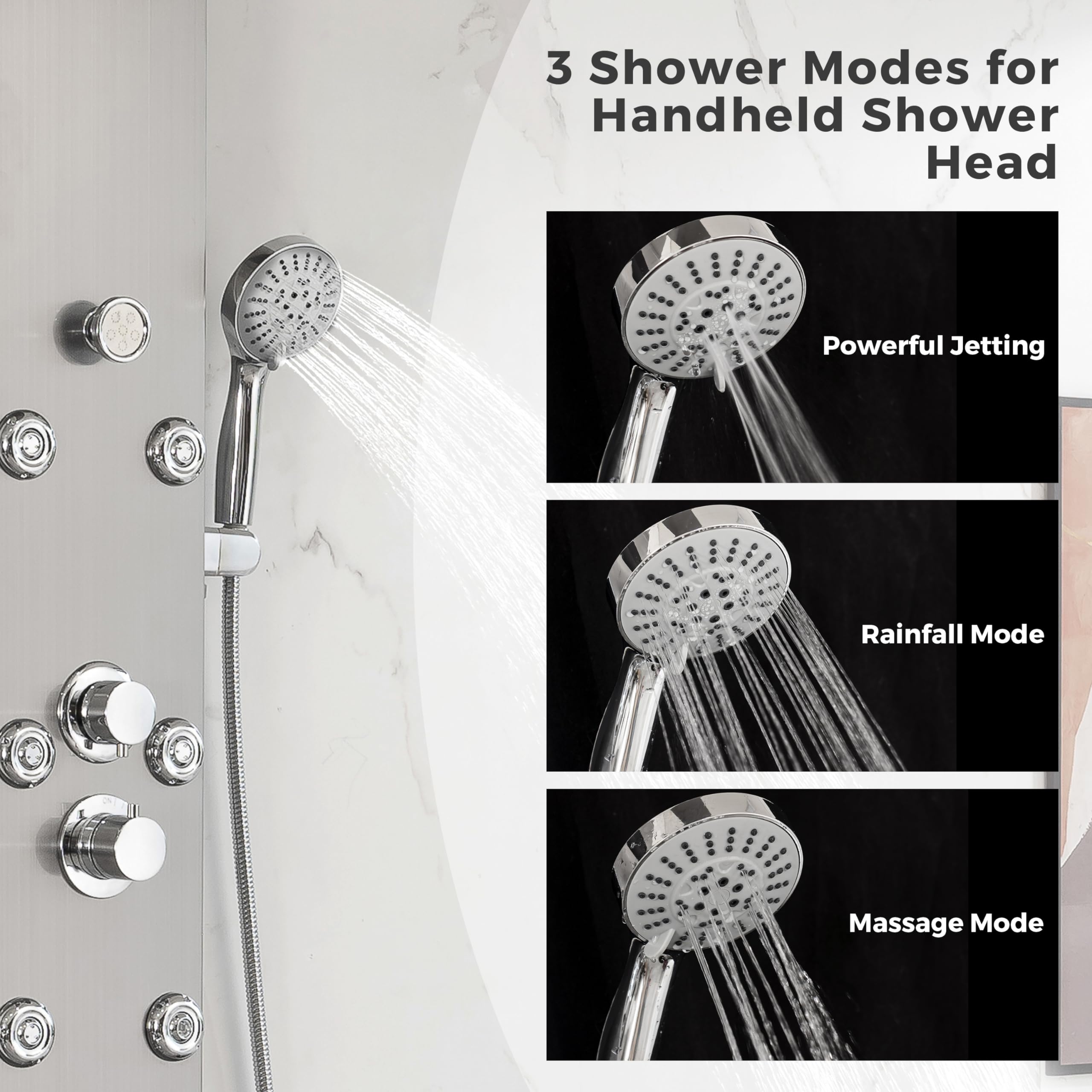 DELAVIN Stainless Steel Shower Panel Tower System - 5-Function Full Body Shower with Rainfall, Waterfall, Massage Jets, Tub Spout & Handheld Showerhead in Brushed Nickel | Perfect for Luxury Bathroom Renovation & Spa-Like Shower Experience