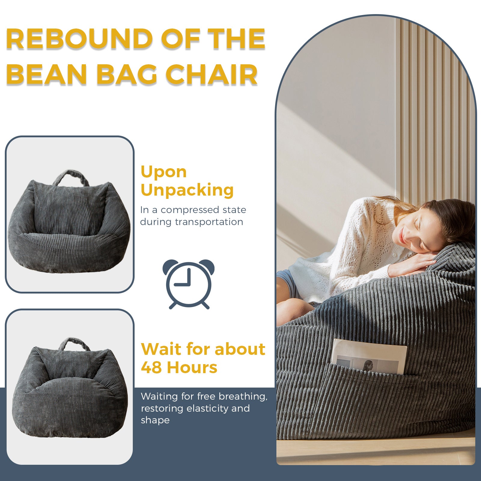MAXYOYO Bean Bag Chair with Handle & Pocket - Dark Grey Floor Sofa for Teens, Gaming, Reading & Relaxing - Perfect for Living Room, Bedroom & Dorm Decor