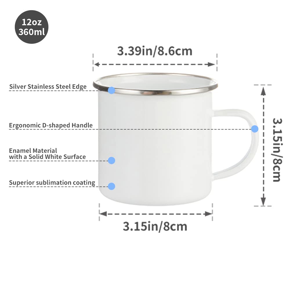 **12 oz Sublimation Enamel Mugs - White Camping Coffee Mugs with Stainless Steel Rim - Heat Press & Tumbler Mug Crafting - Set of 4 - Perfect for DIY Gifts, Home, Office & Outdoor Use**