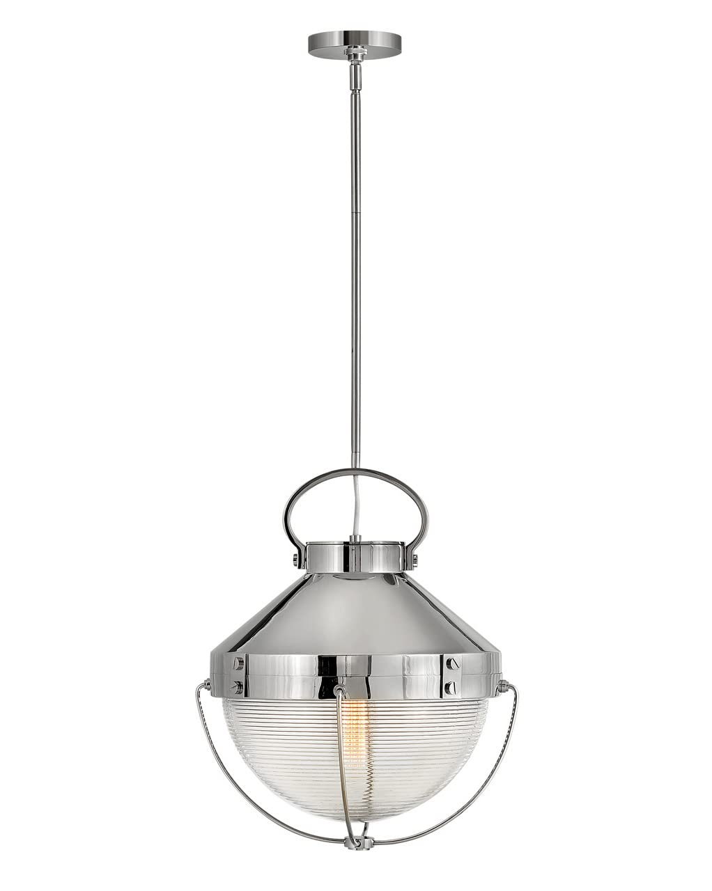 Hinkley Crew Collection One Light Pendant - Polished Nickel Finish with Holophane Glass Shade | Modern Ceiling Light Fixture for Kitchen Island, Dining Room & Bedroom