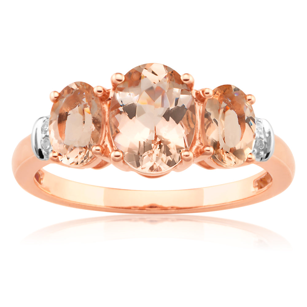 9ct Rose Gold Morganite & Diamond Trilogy Ring - 1.98CT Morganite & 0.025CT Diamond Engagement Ring for Women, Perfect for Valentine's Day, Anniversary & Proposal Gift