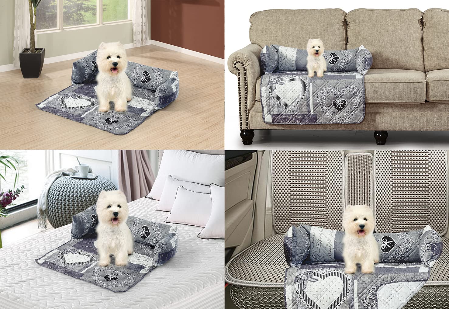 Quilted Calming Dog Bed Mat with Removable Washable Cover - Soft Cushion Protector & Couch Cover for Dogs, Cats & Pets (Medium Size, Grey Heart Patchwork) - Perfect for Anxiety Relief & Cozy Napping at Home