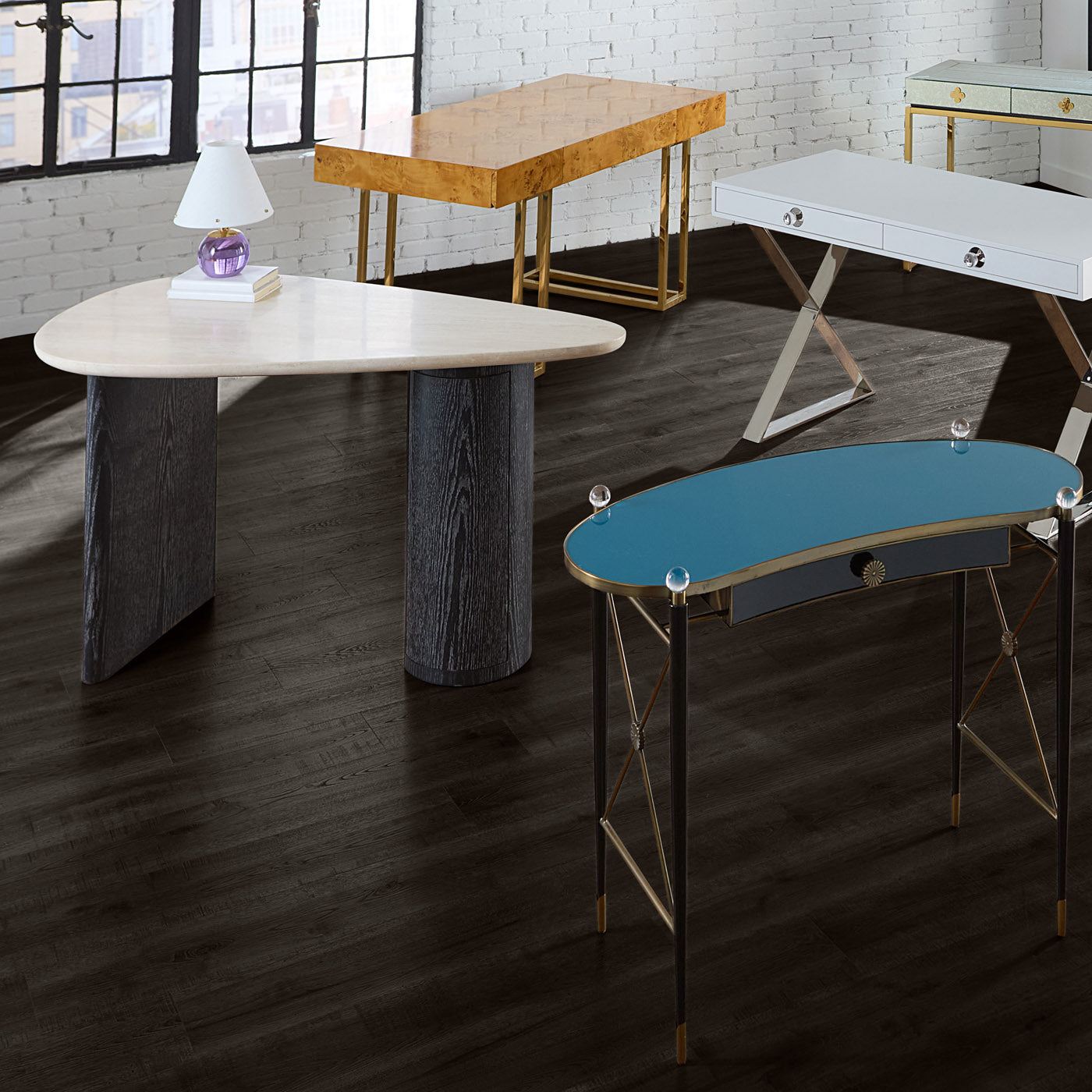 Modern Oeuf Travertine Desk - Natural Stone Writing Table with Wooden Legs for Home Office, Study & Workspace - Perfect for Remote Work, Online Classes & Creative Projects