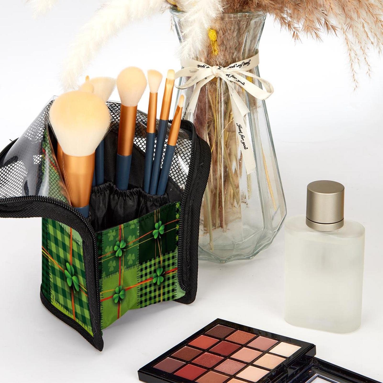 Portable Makeup Brush Organizer Bag with 12 Slots - Green Plaid Luck Clover Design | Perfect for Travel, Home Vanity & Professional Makeup Artists